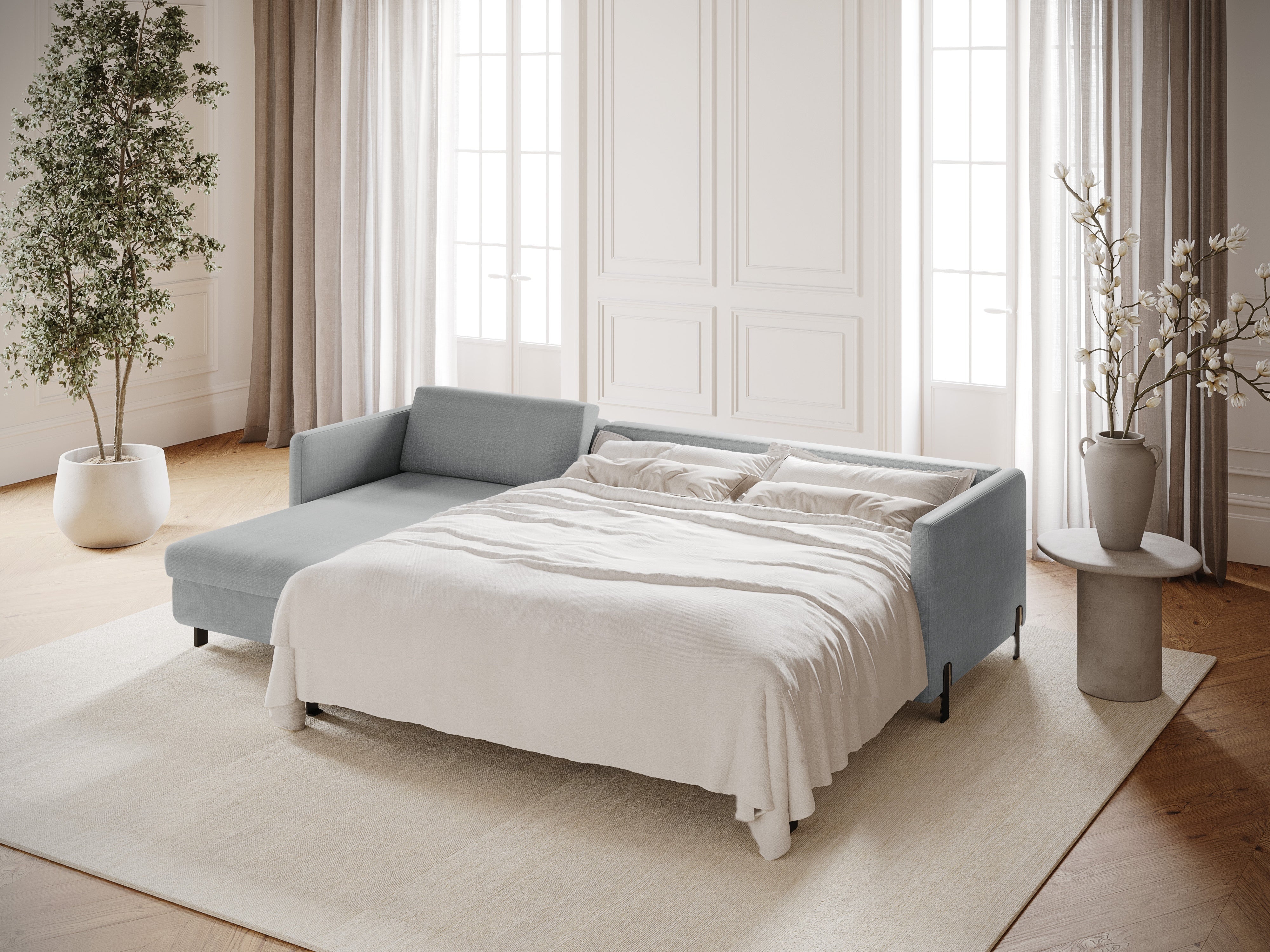 Left-sided corner sofa for 4 people with sleeping function GLORIA light gray chenille