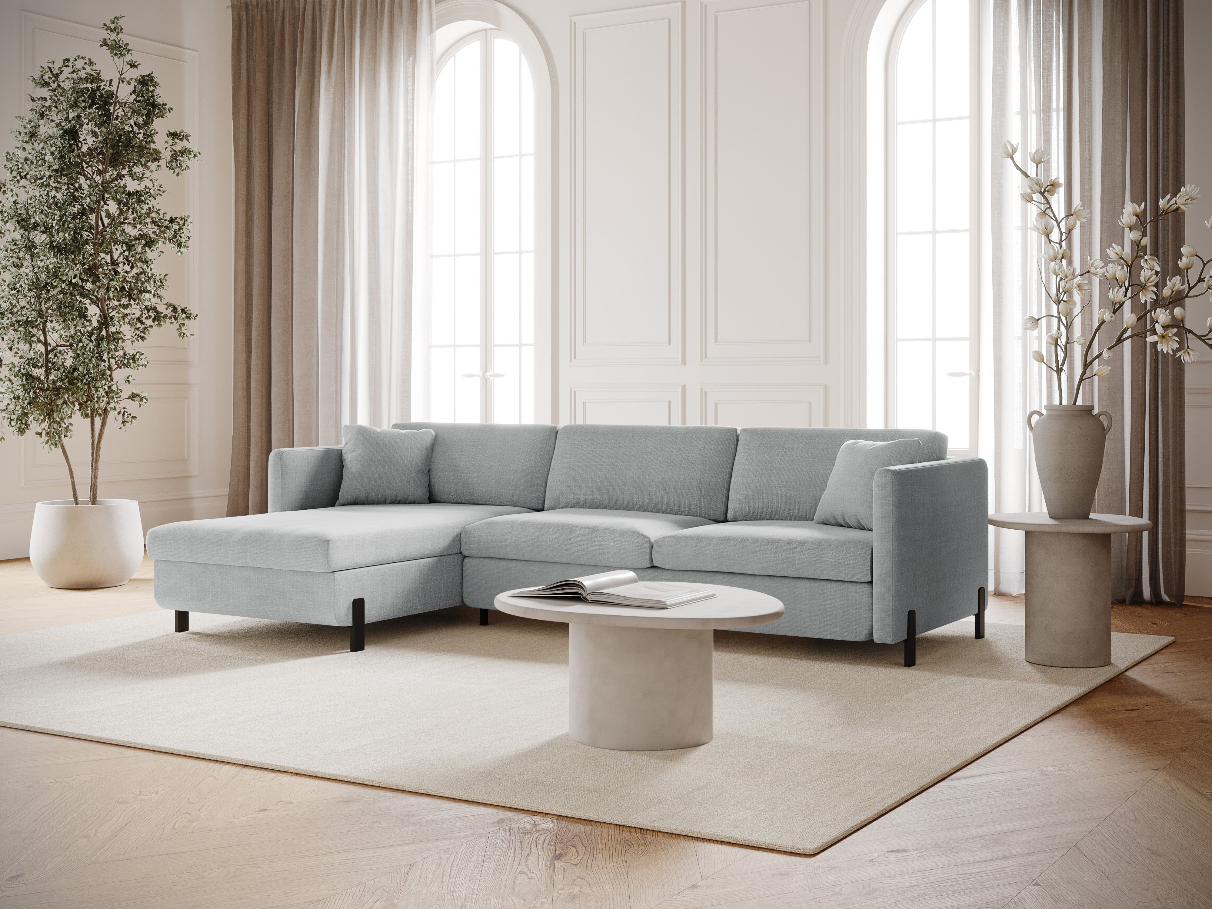 Left-sided corner sofa for 4 people with sleeping function GLORIA light gray chenille