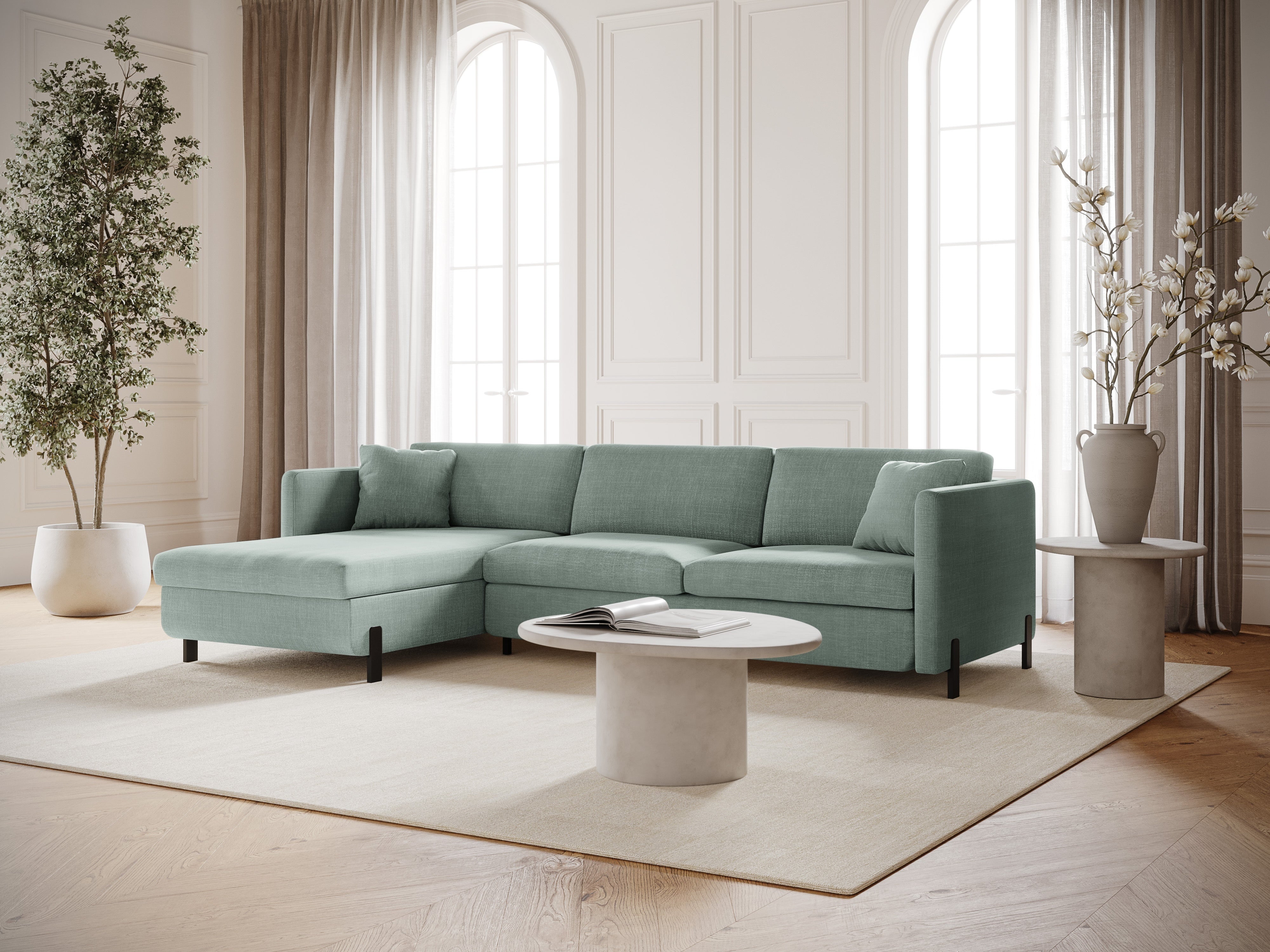 Linksseitiges 4-Sitzer-Sofa mit Schlaffunktion GLORIA in mintgrünem Chenille