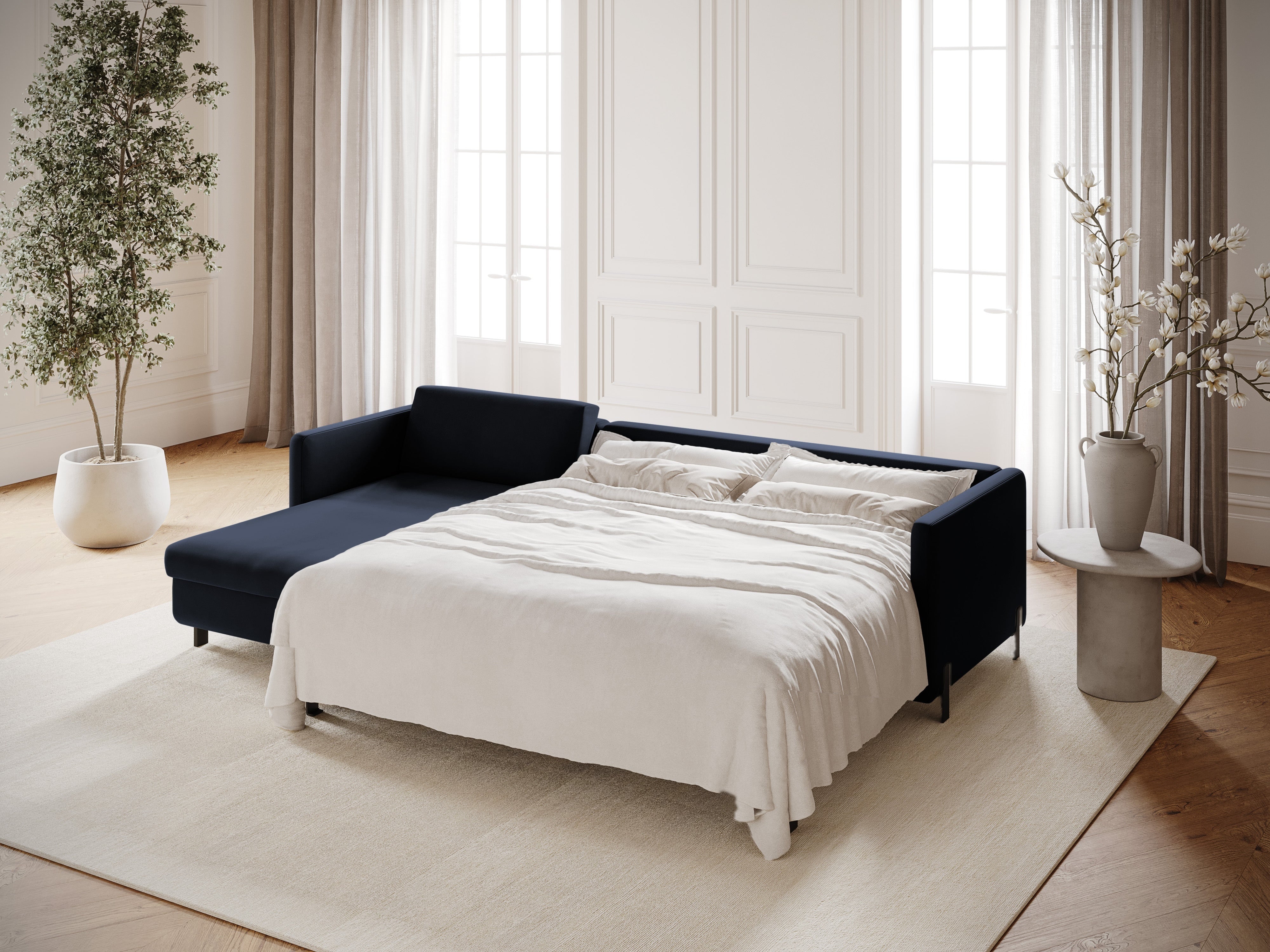 Left-facing velvet corner sofa for 4 people with sleeping function GLORIA royal blue