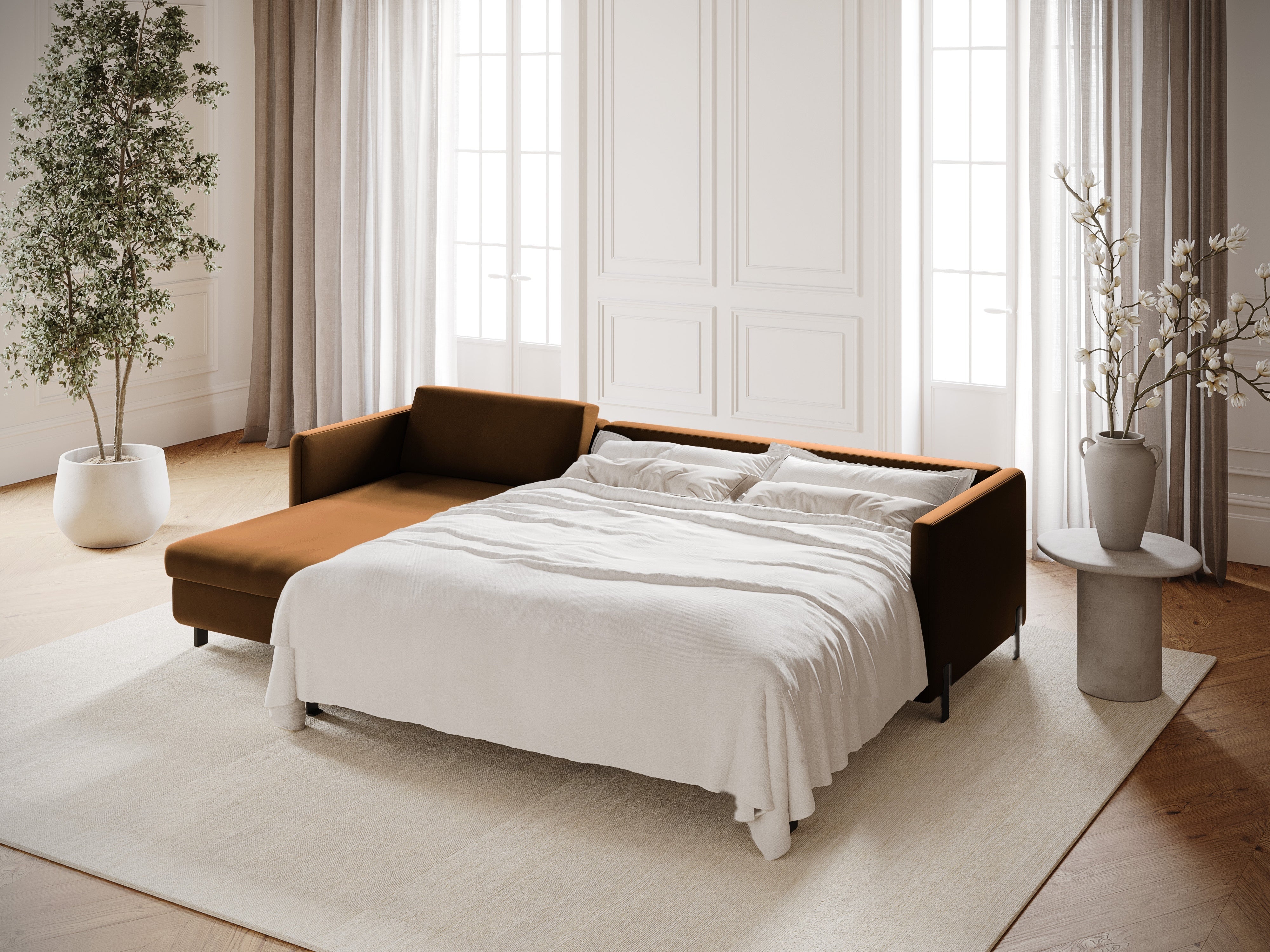 Samt-Ecksofa linksseitig für 4 Personen mit Schlaf-Funktion GLORIA braun