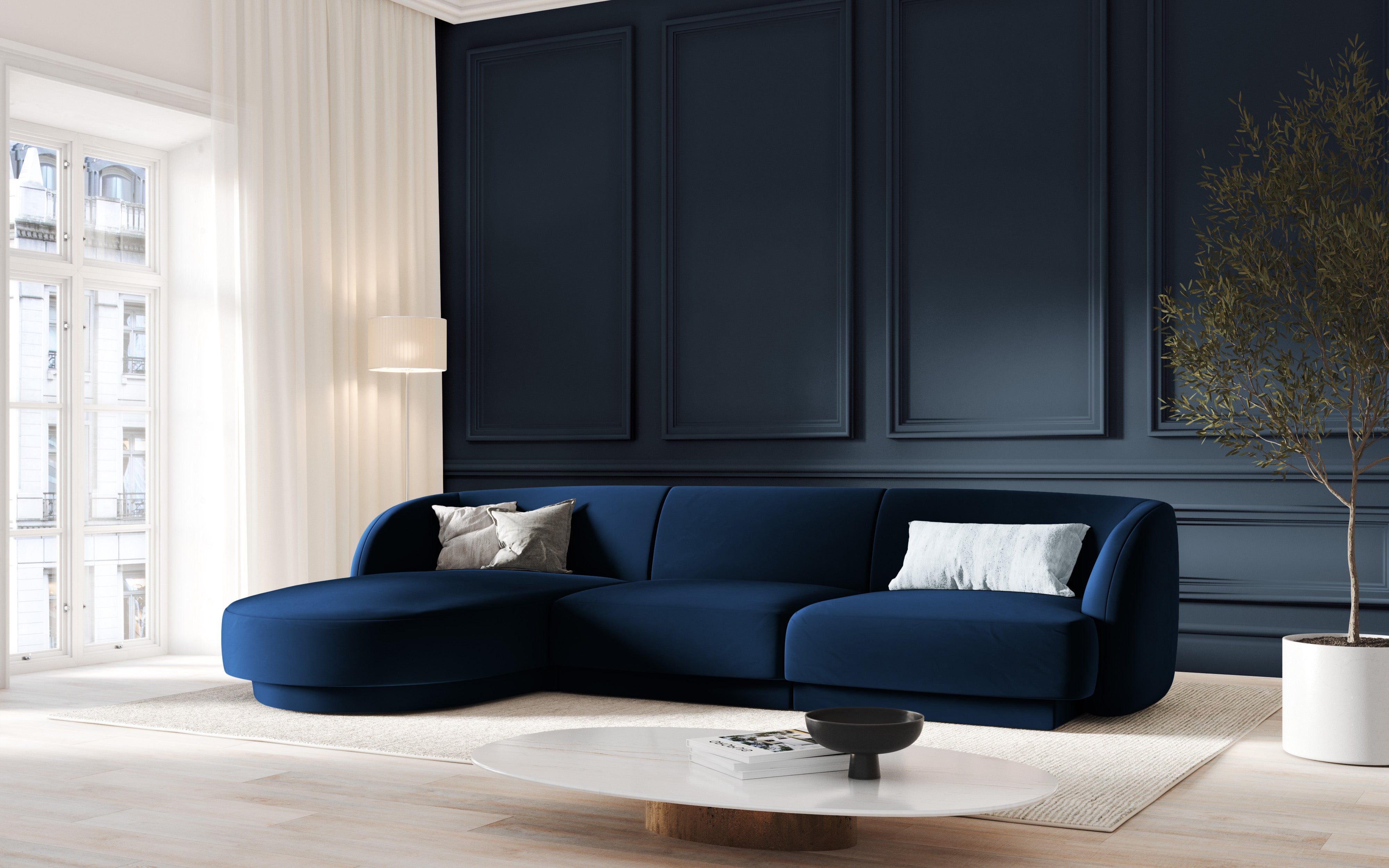4-seater left-facing corner sofa MILEY dark blue boucle