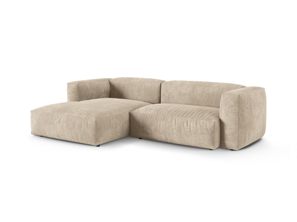 Narożnik aksamitny lewostronny 2-osobowy XL MARTINA jasnobeżowy – ujęcie boczne