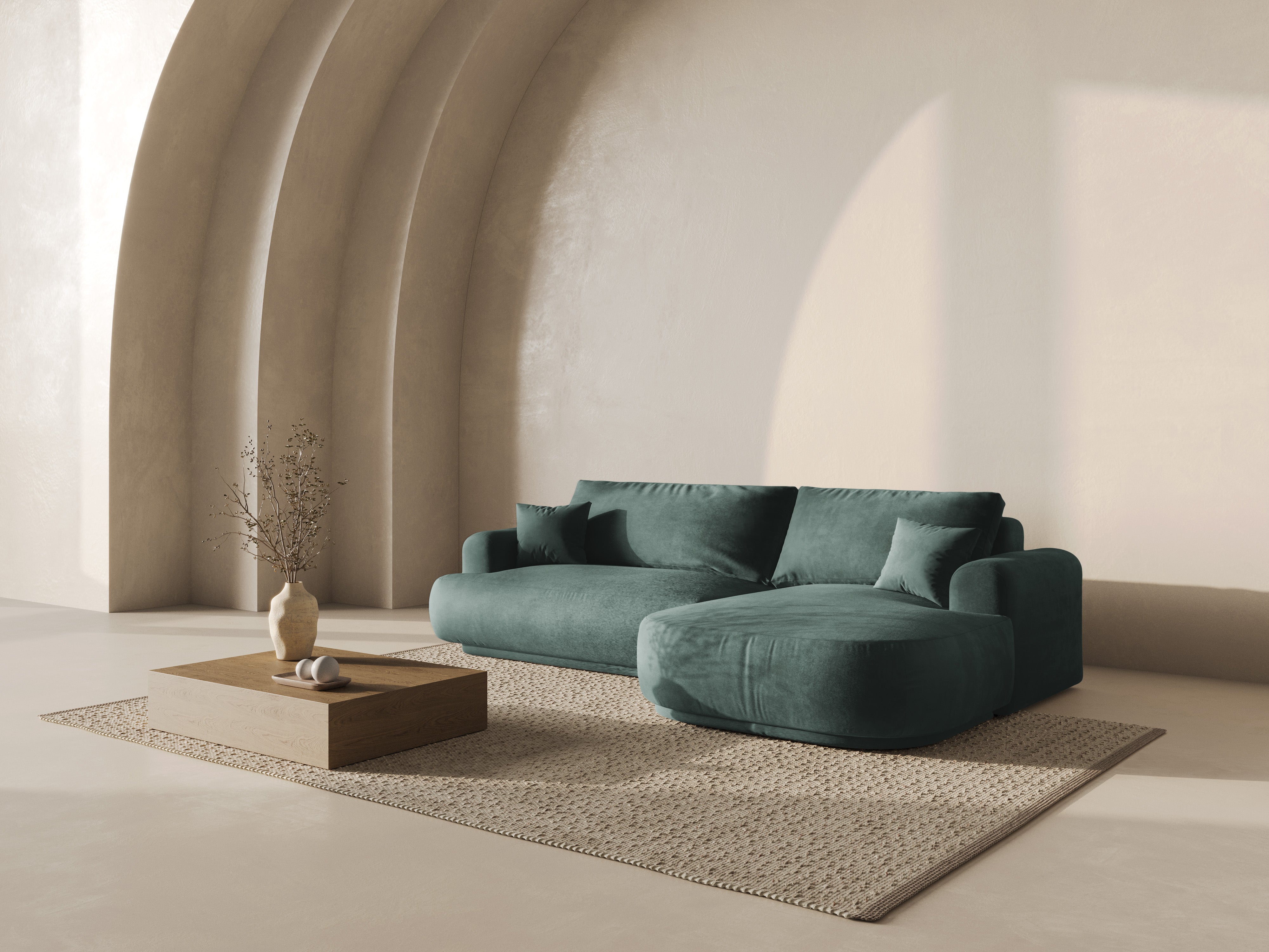 Rechthoekige fluwelen hoekbank met slaapfunctie ELLA petrol