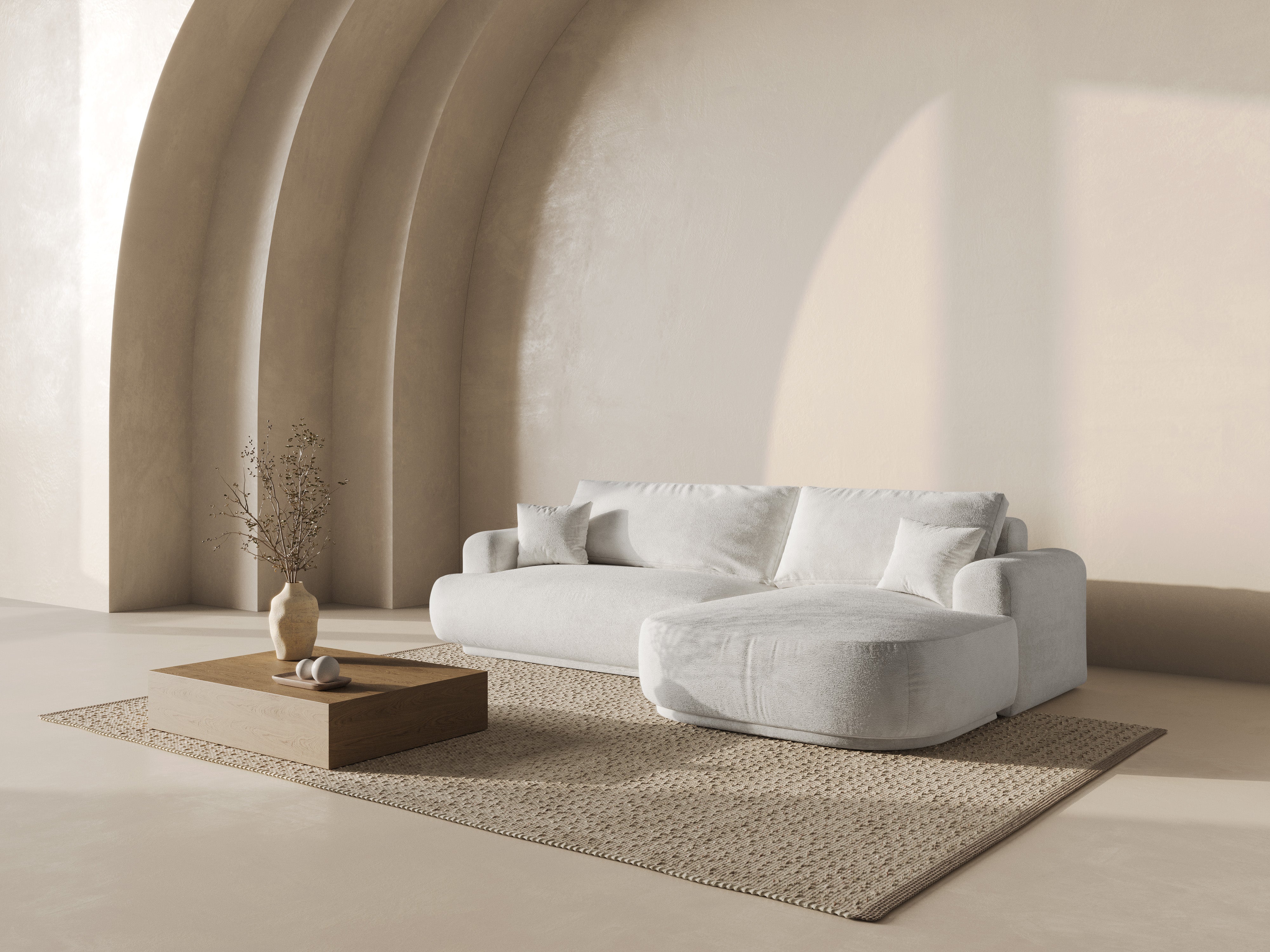 Rechthoekige bank met slaapfunctie ELLA lichtbeige boucle