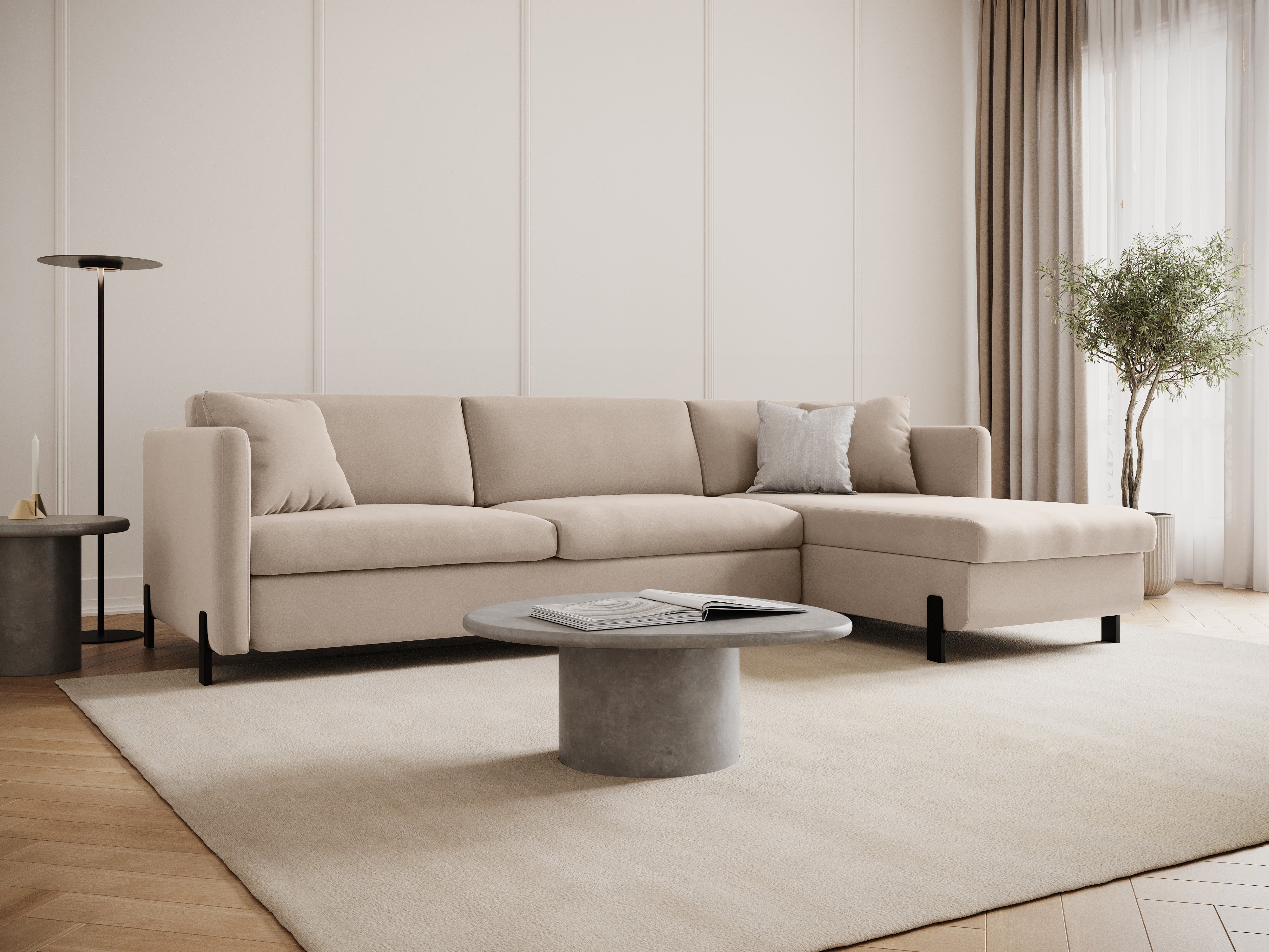 Right-facing velvet corner sofa with sleeping function GLORIA beige