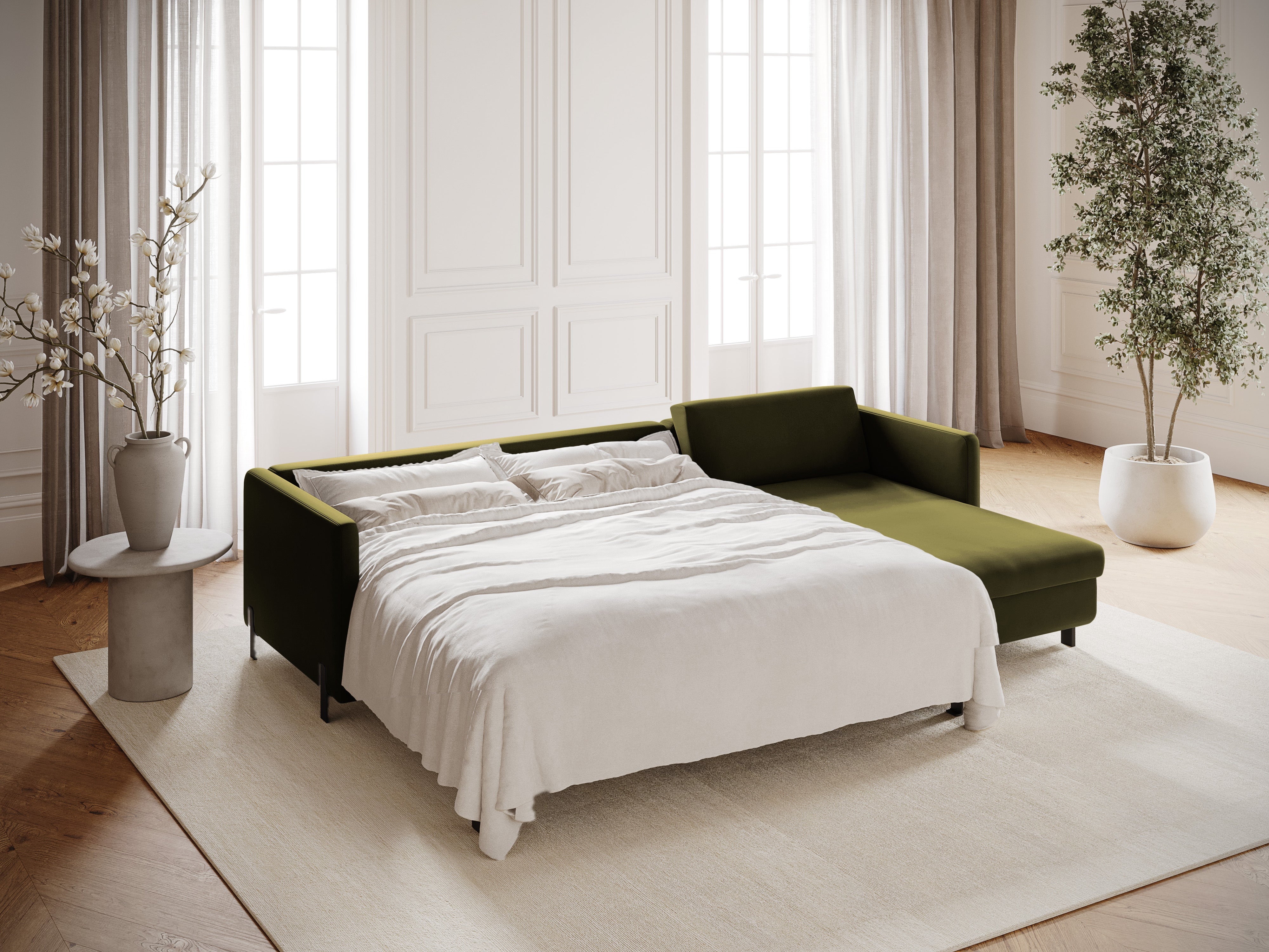 Samt-Ecksofa rechts mit Schlaffunktion GLORIA grün