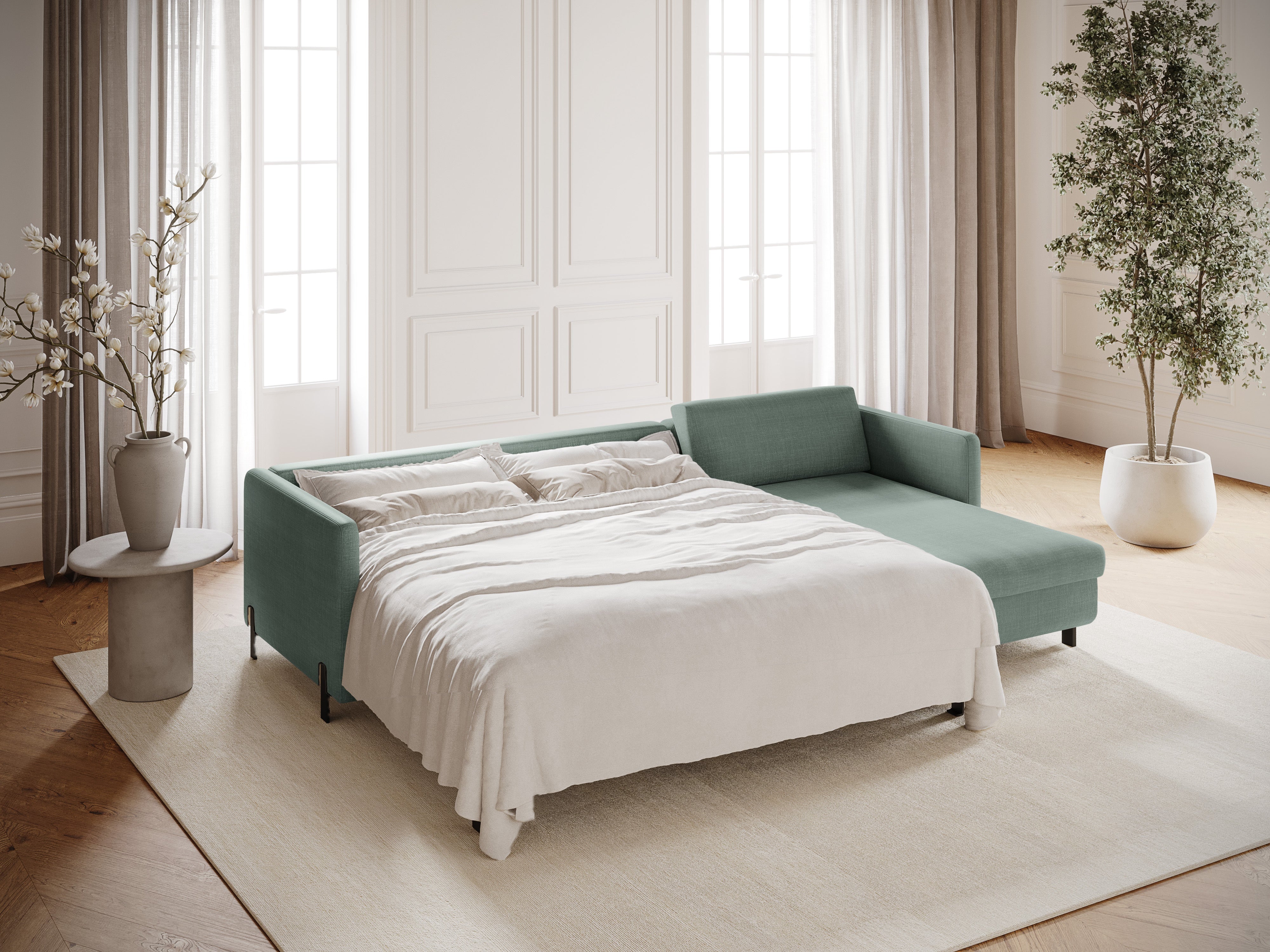 Rechtsseitige 4-Sitzer Schlafcouch GLORIA in mintgrünem Chenille