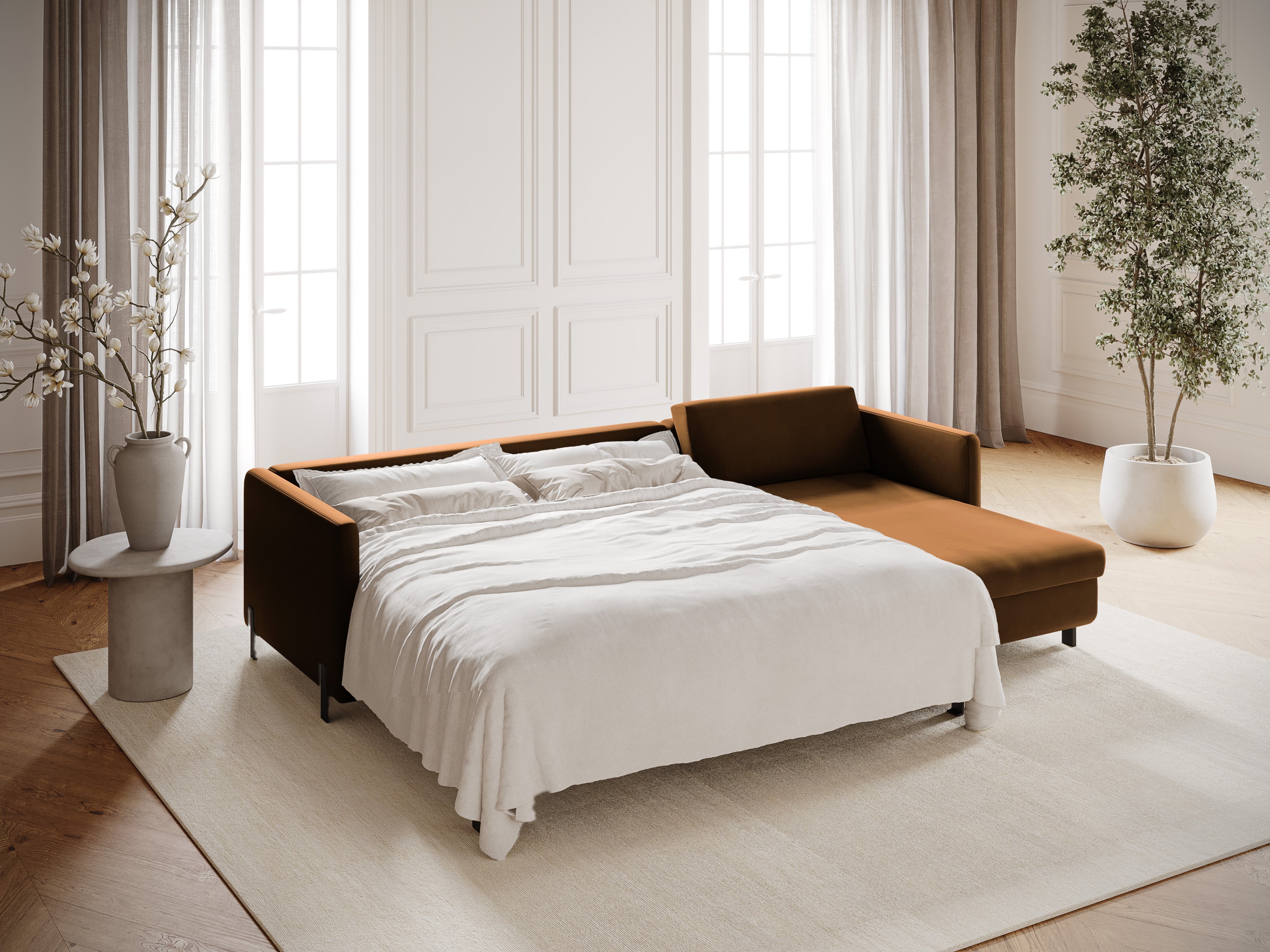 Samt-Ecksofa rechtsseitig für 4 Personen mit Schlaf-Funktion GLORIA braun