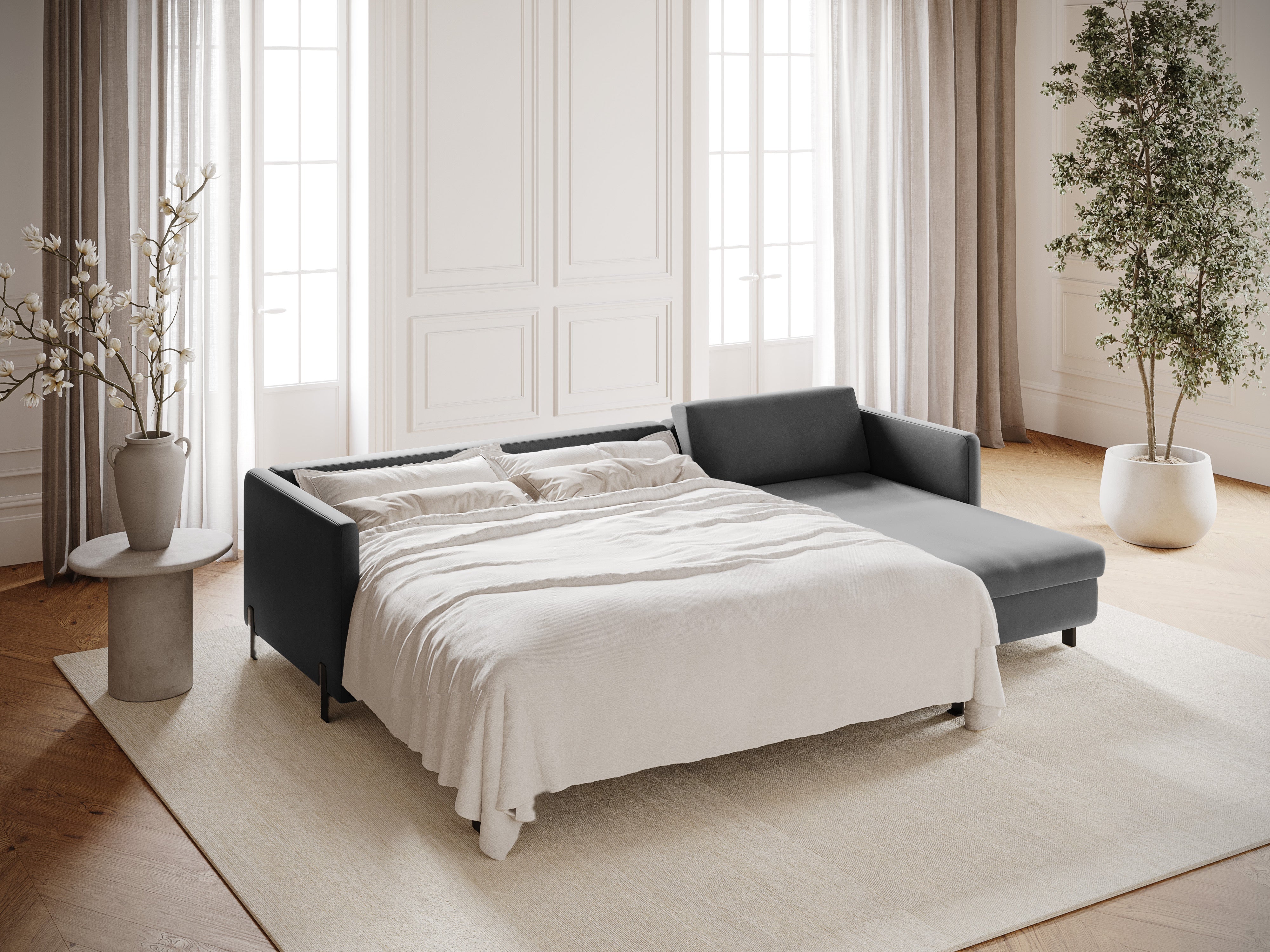 Samt-Ecksofa rechtsseitig für 4 Personen mit Schlaf-Funktion GLORIA grau