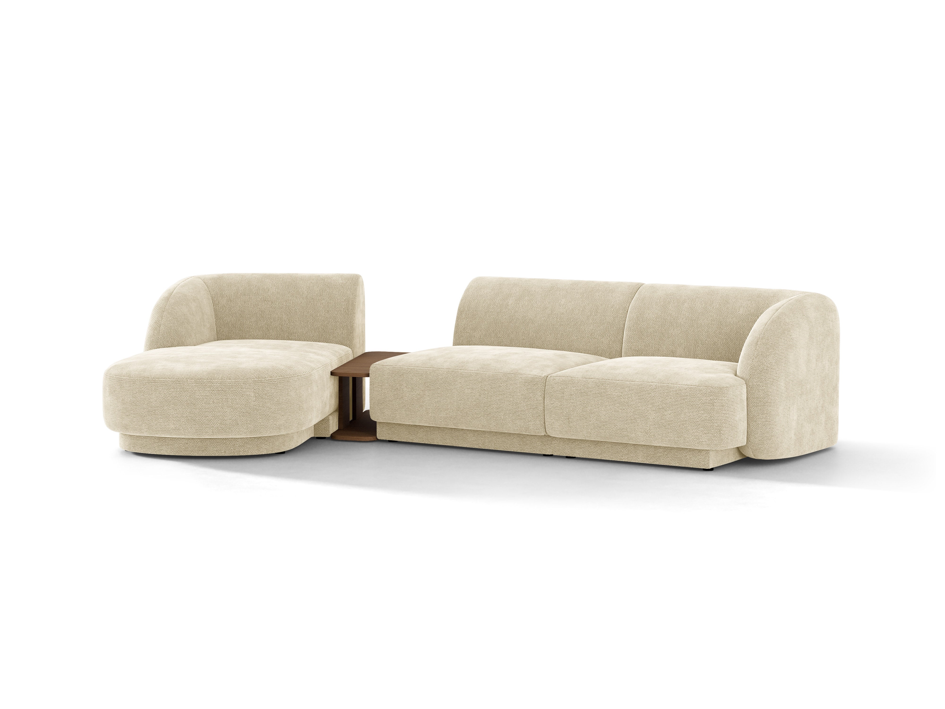 Narożnik modułowy ze stolikiem 3-osobowy lewostronny MILEY jasnobeżowy szenil jedwabisty – sofa narożna