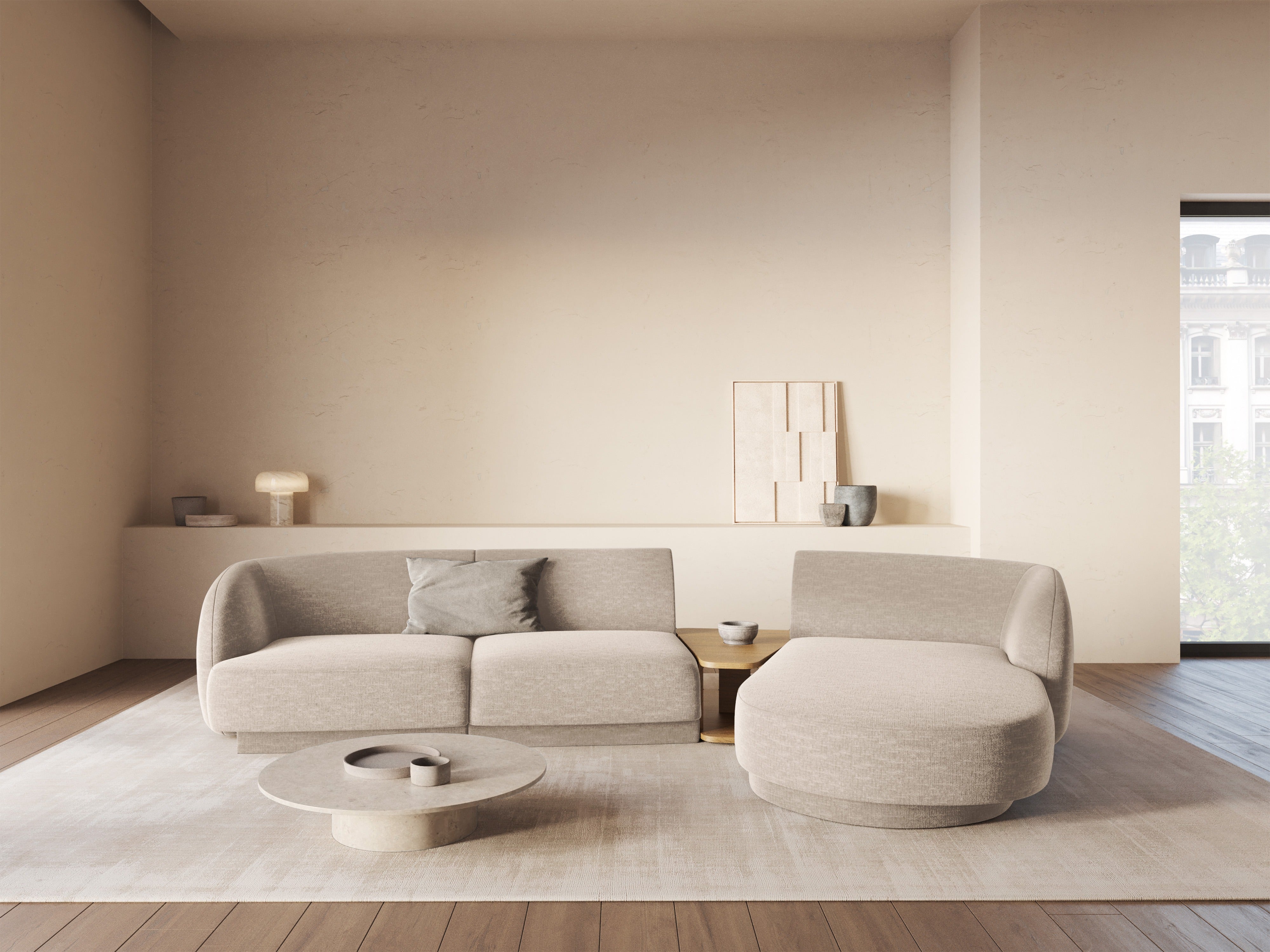 Modulares Ecksofa mit Tisch 3-Sitzer rechts MILEY beige schimmernder Chenille