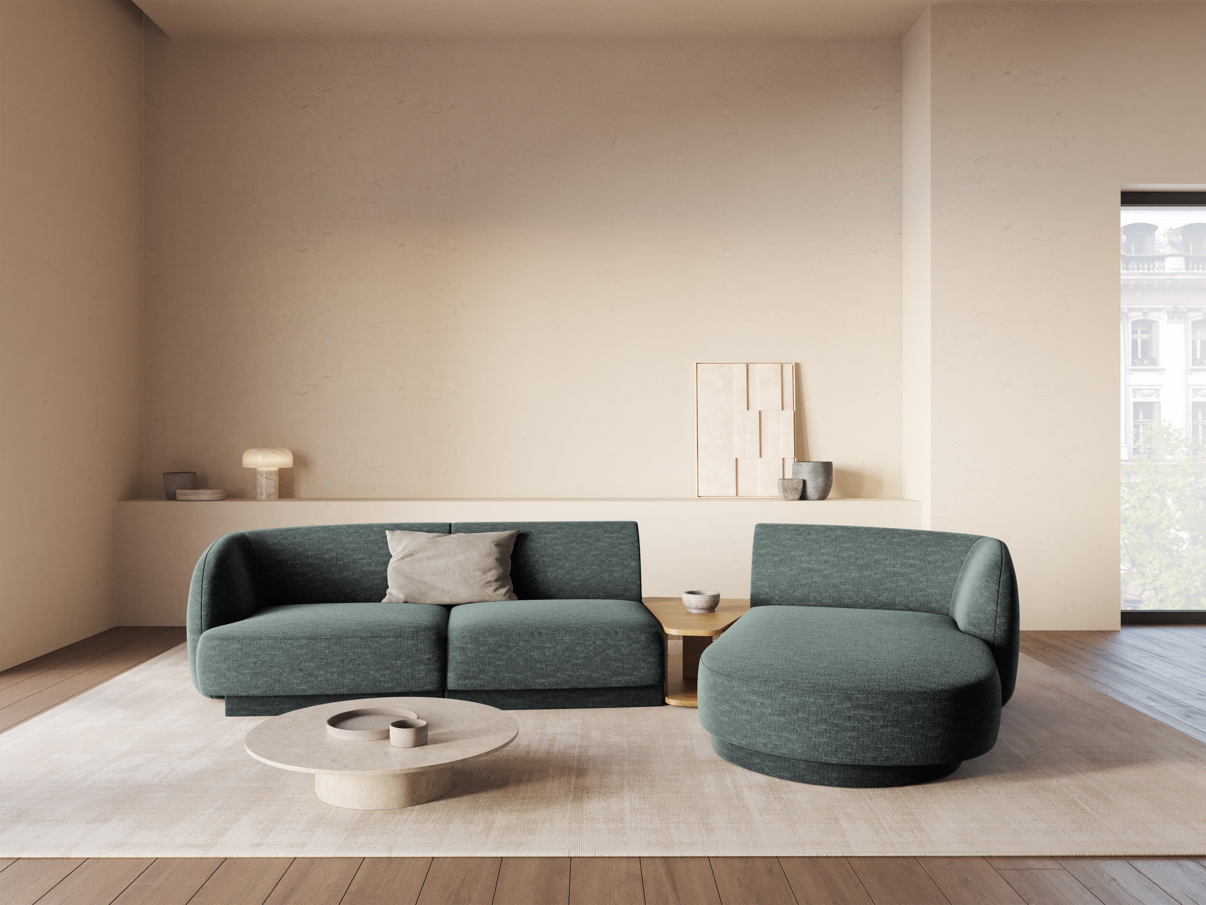 Modulaire hoekbank met tafel 3-zits rechts MILEY petrol chenille zijdeachtig