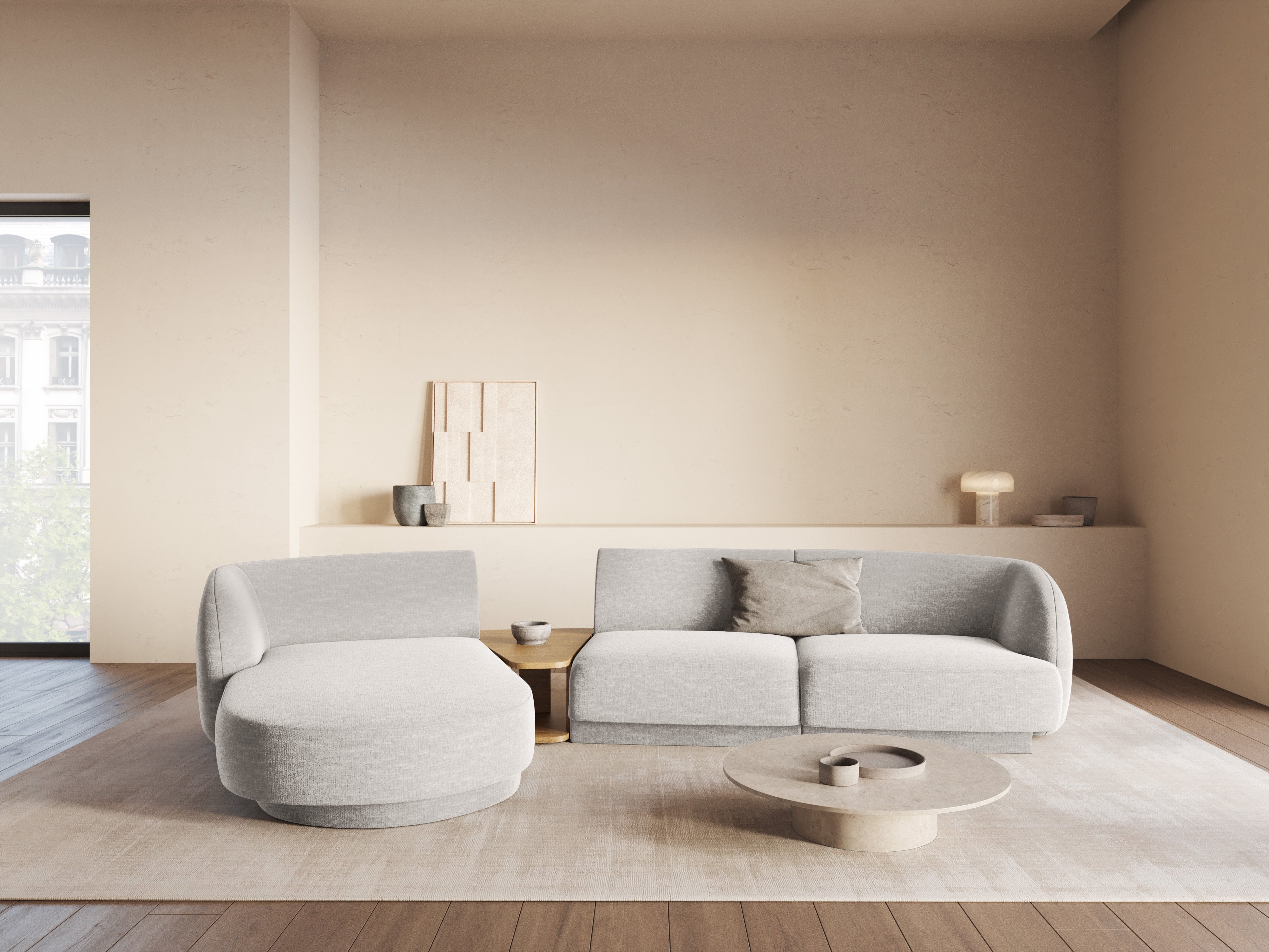 Modular corner sofa with table 3-seater left-sided MILEY gray chenille