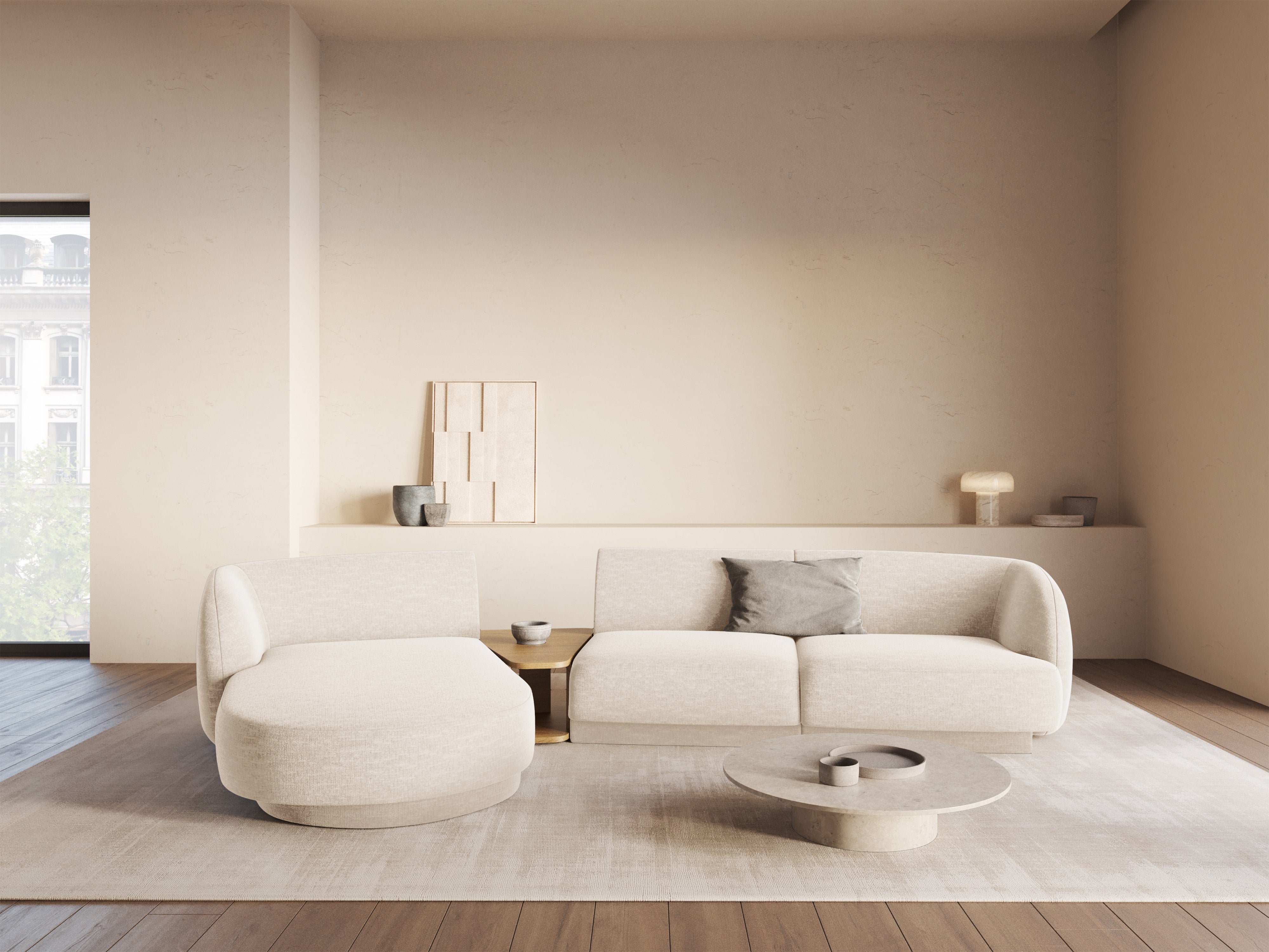 Modulares Ecksofa mit Tisch 3-sitzig links MILEY Elfenbein Chenille