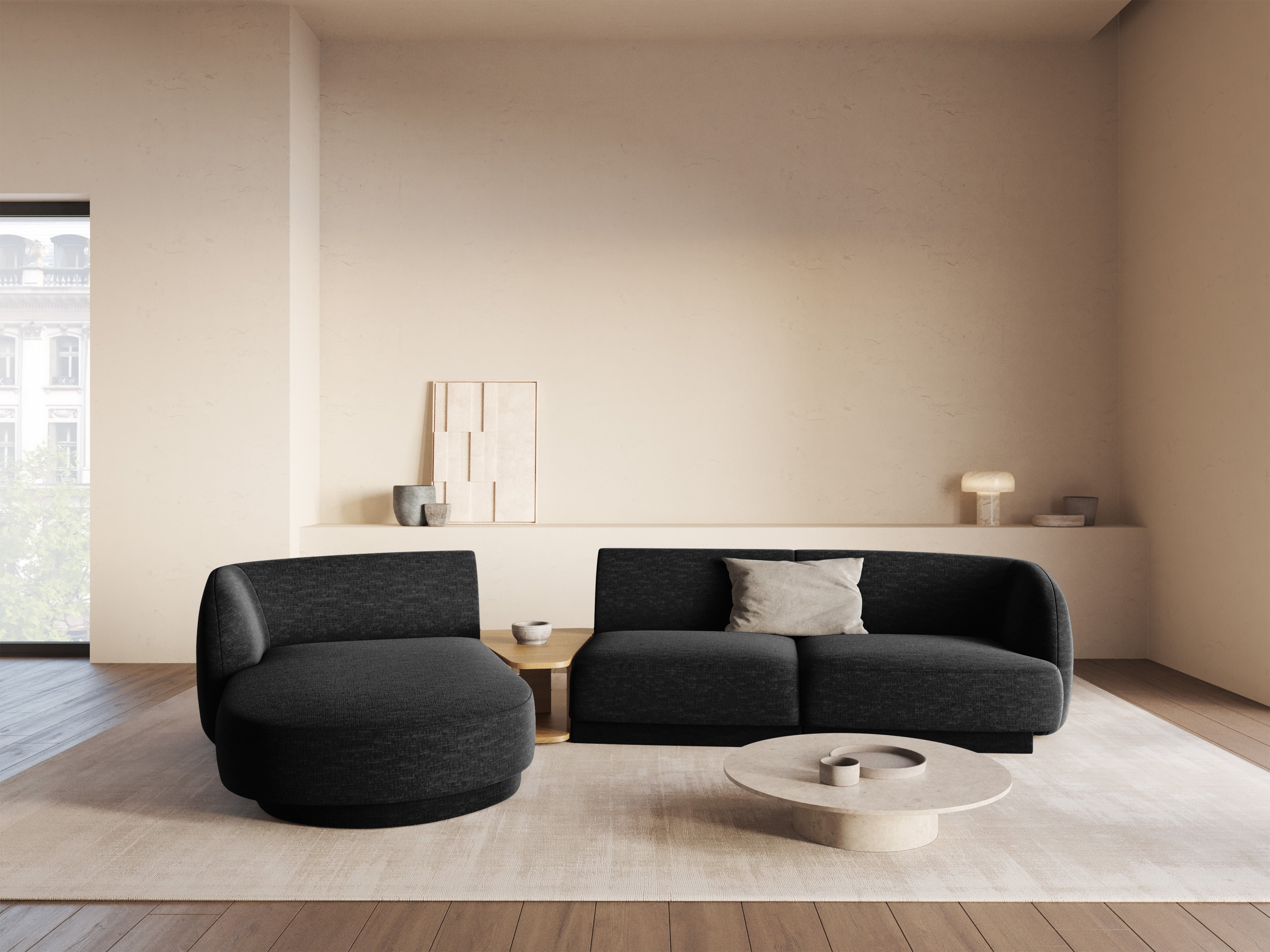 Modular corner sofa with table 3-seater left-sided MILEY black chenille
