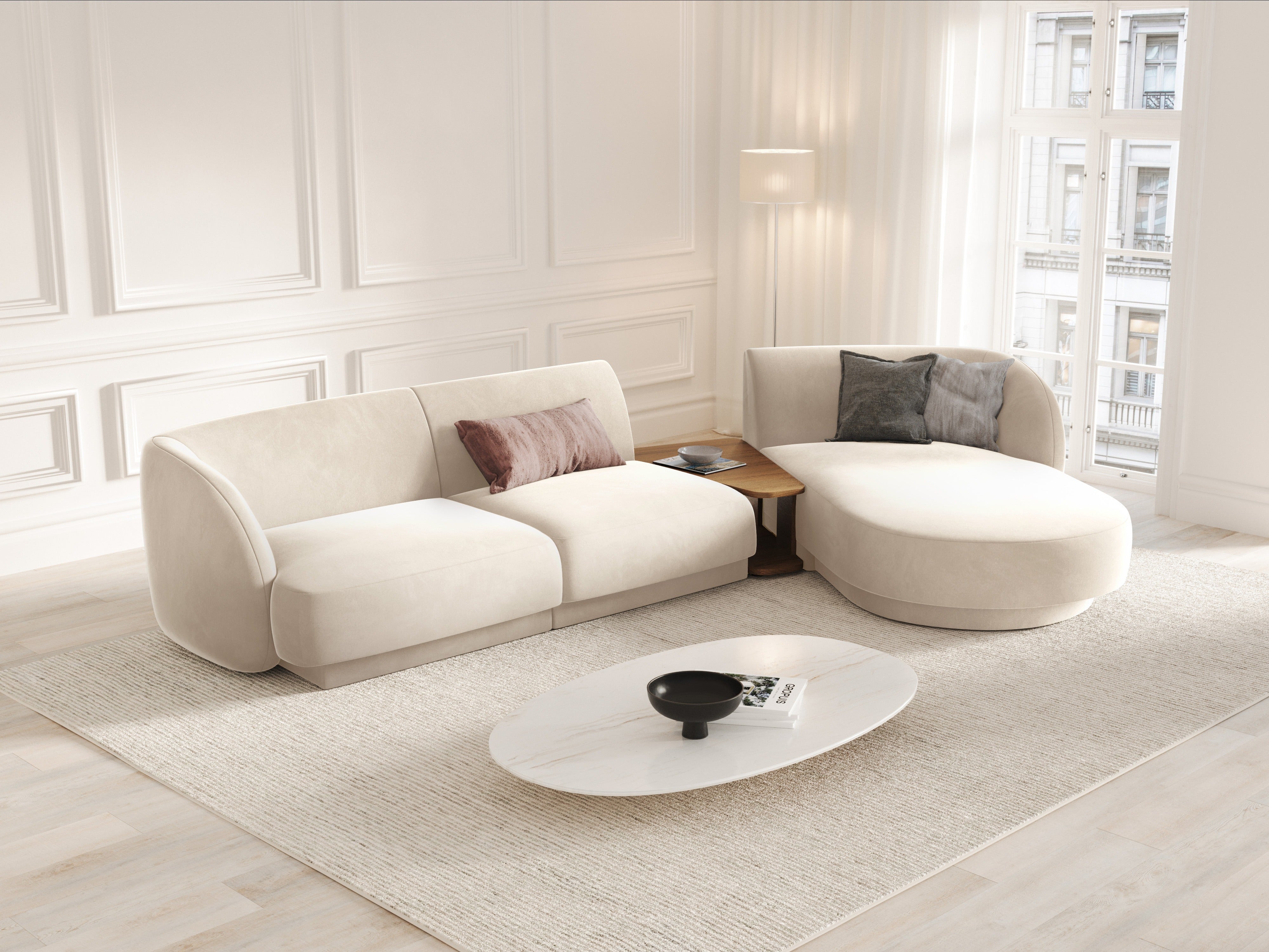 Modulares Ecksofa mit Tisch 3-Sitzer rechtsseitig samtig MILEY hellbeige