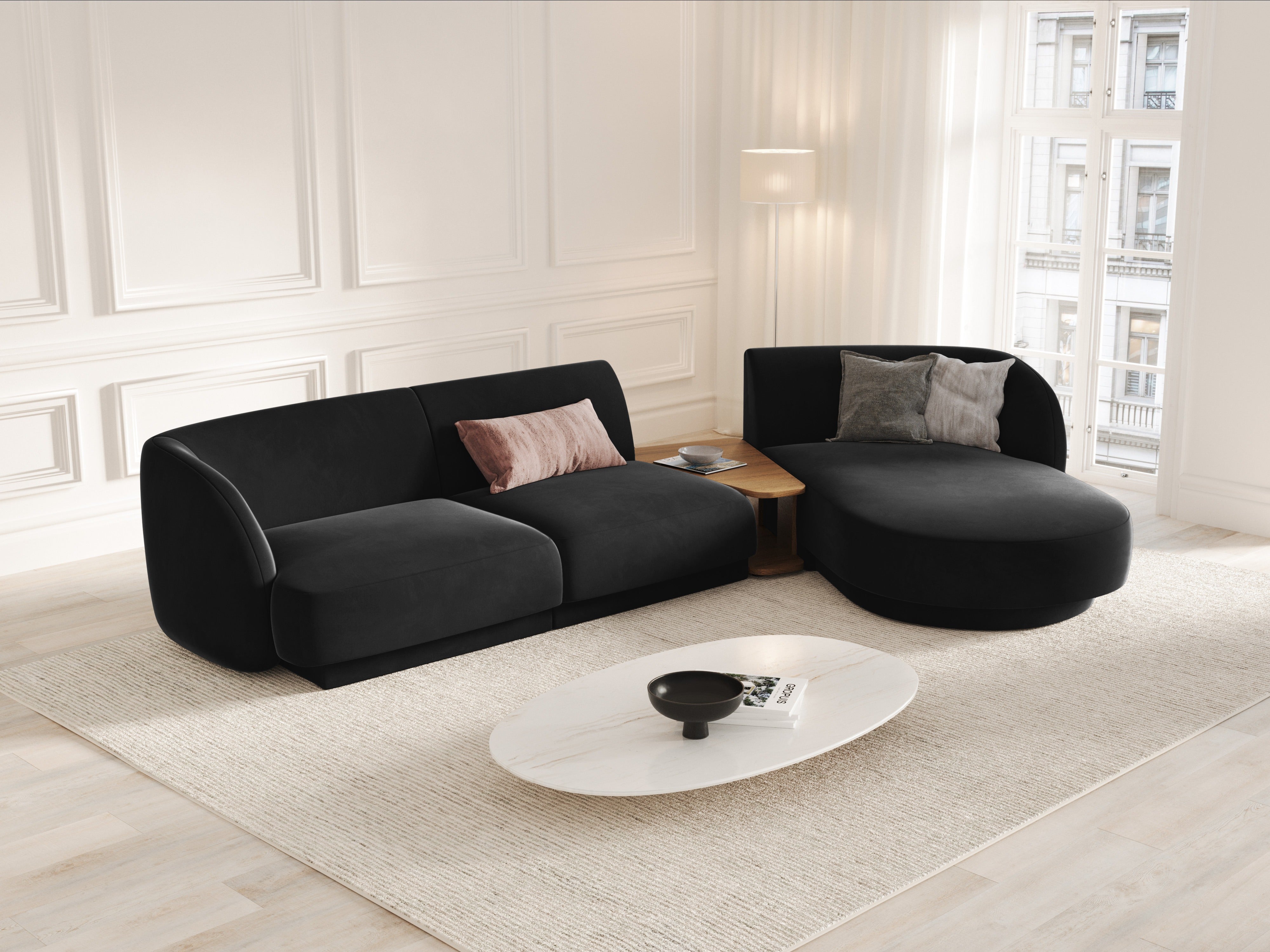 Modulares Ecksofa mit Tisch, 3-Sitzer, rechtsseitig, samtig, MILEY, schwarz
