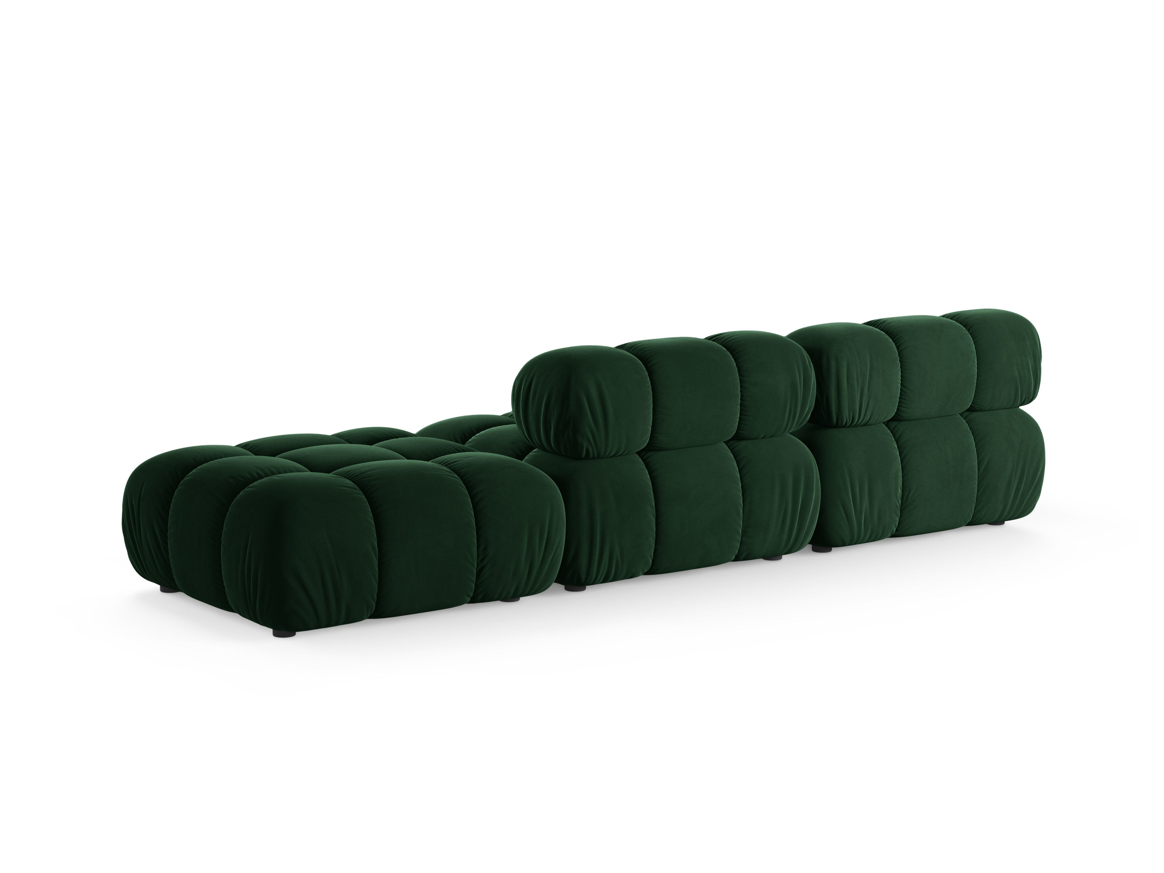 Modulaire fluwelen bank BELLIS met open rechterzijde in bottlegroen.