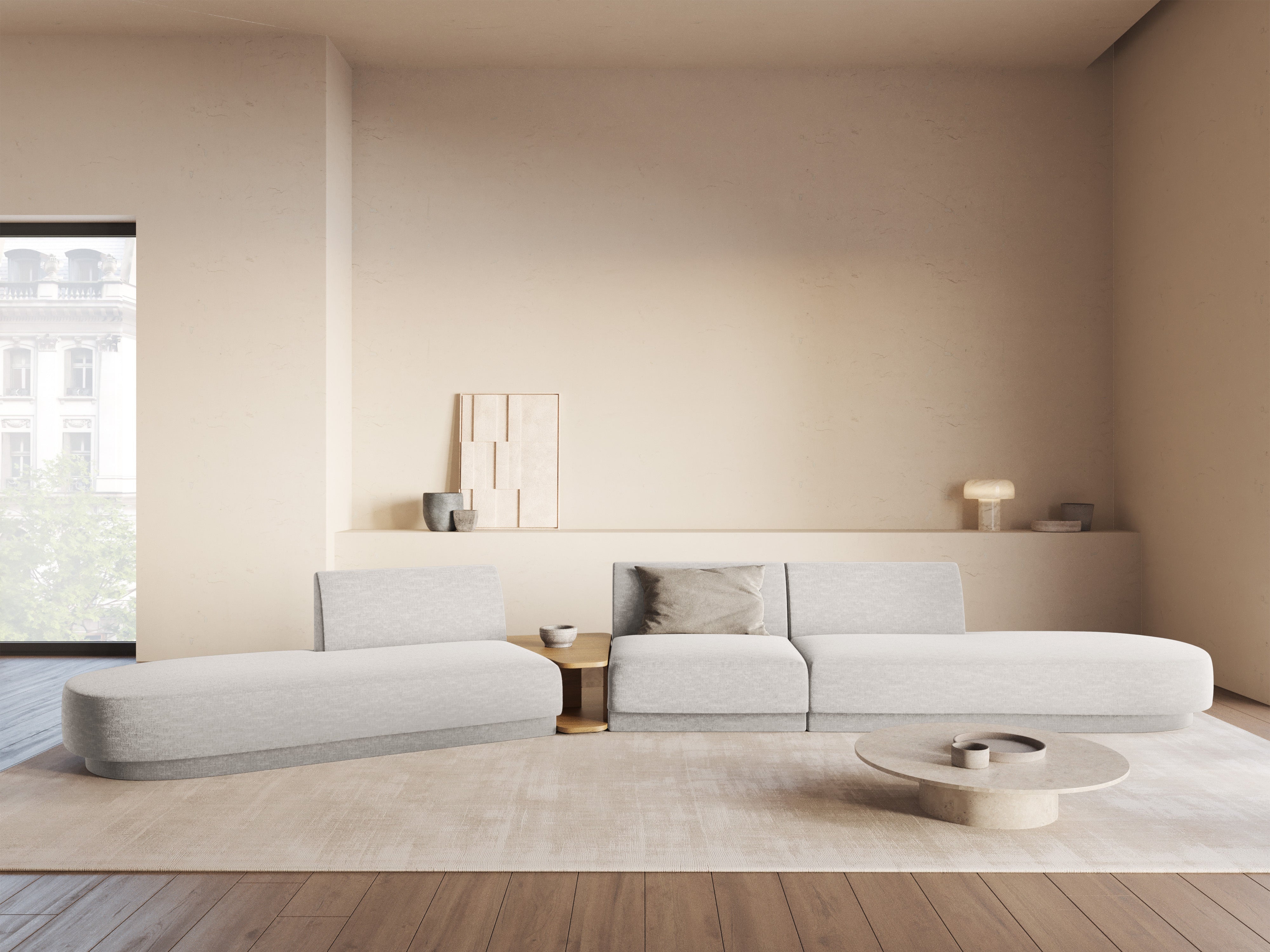 Modulares Sofa links mit Tisch für 5 Personen MILEY graues Chenille