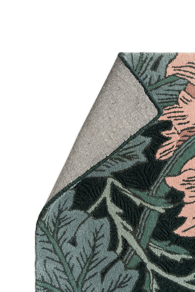 Wool rug HONEYSUCKLE & TULIP TEAL dark green with pink