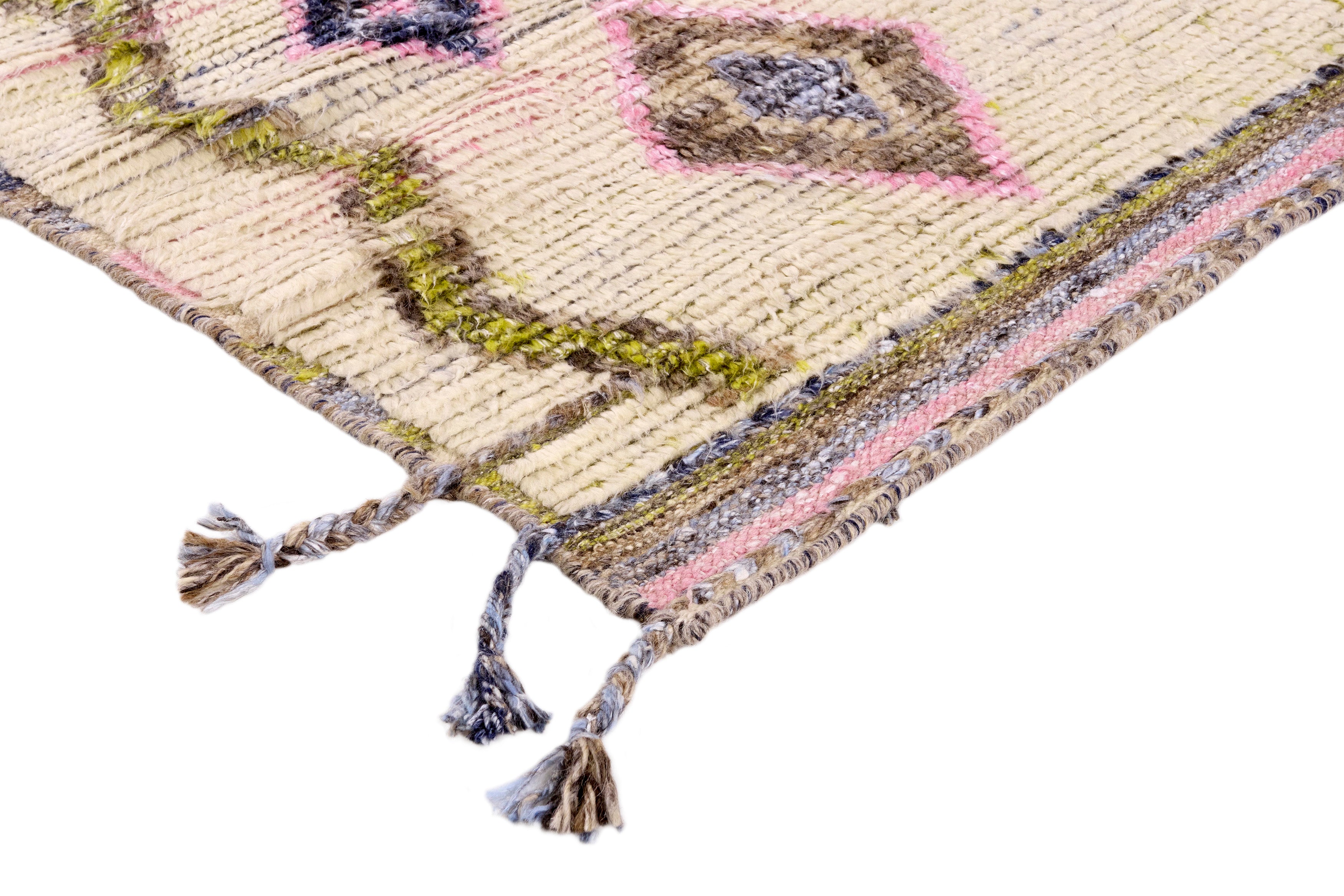 TRIBE carpet in light beige with green and pink