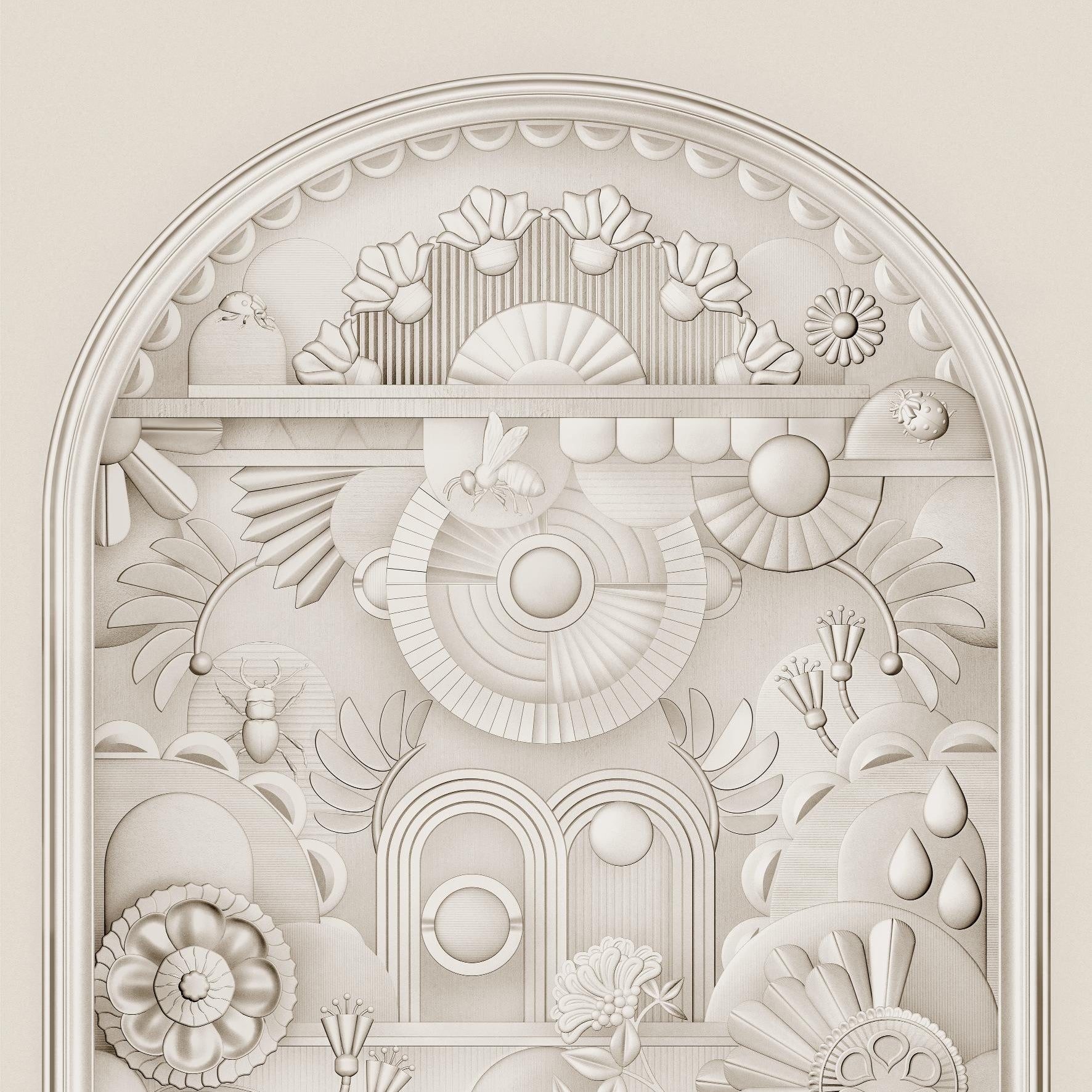 Textilwandbild im Art-Déco-Stil in Bogenform GREENHOUSE GATHERING ARCH hellbeige