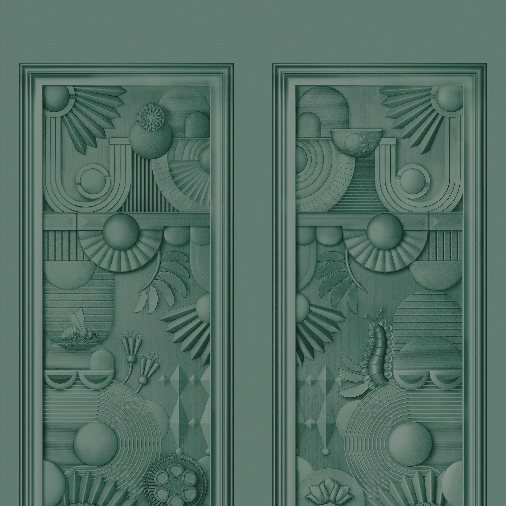 Art Deco Textile Mural GREENHOUSE GATHERING Dark Green