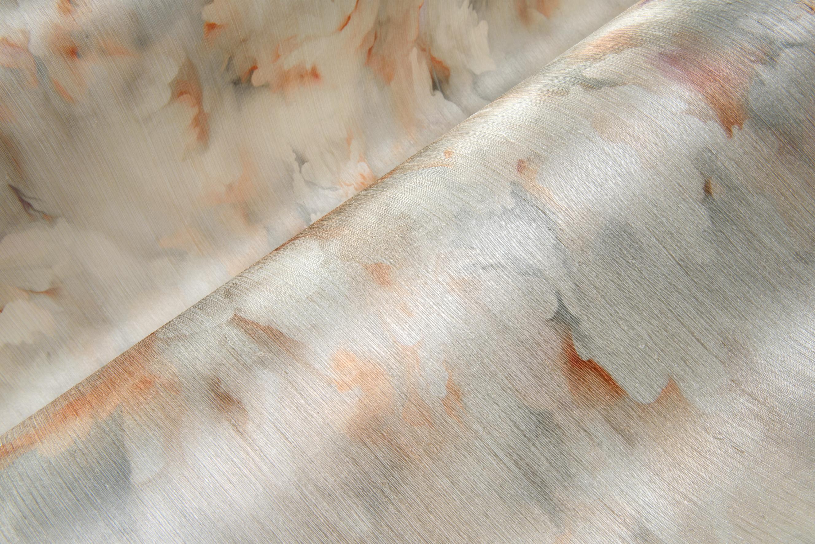 Silk textile wallpaper with a flower petal motif SILK BOMBIS pink with blue