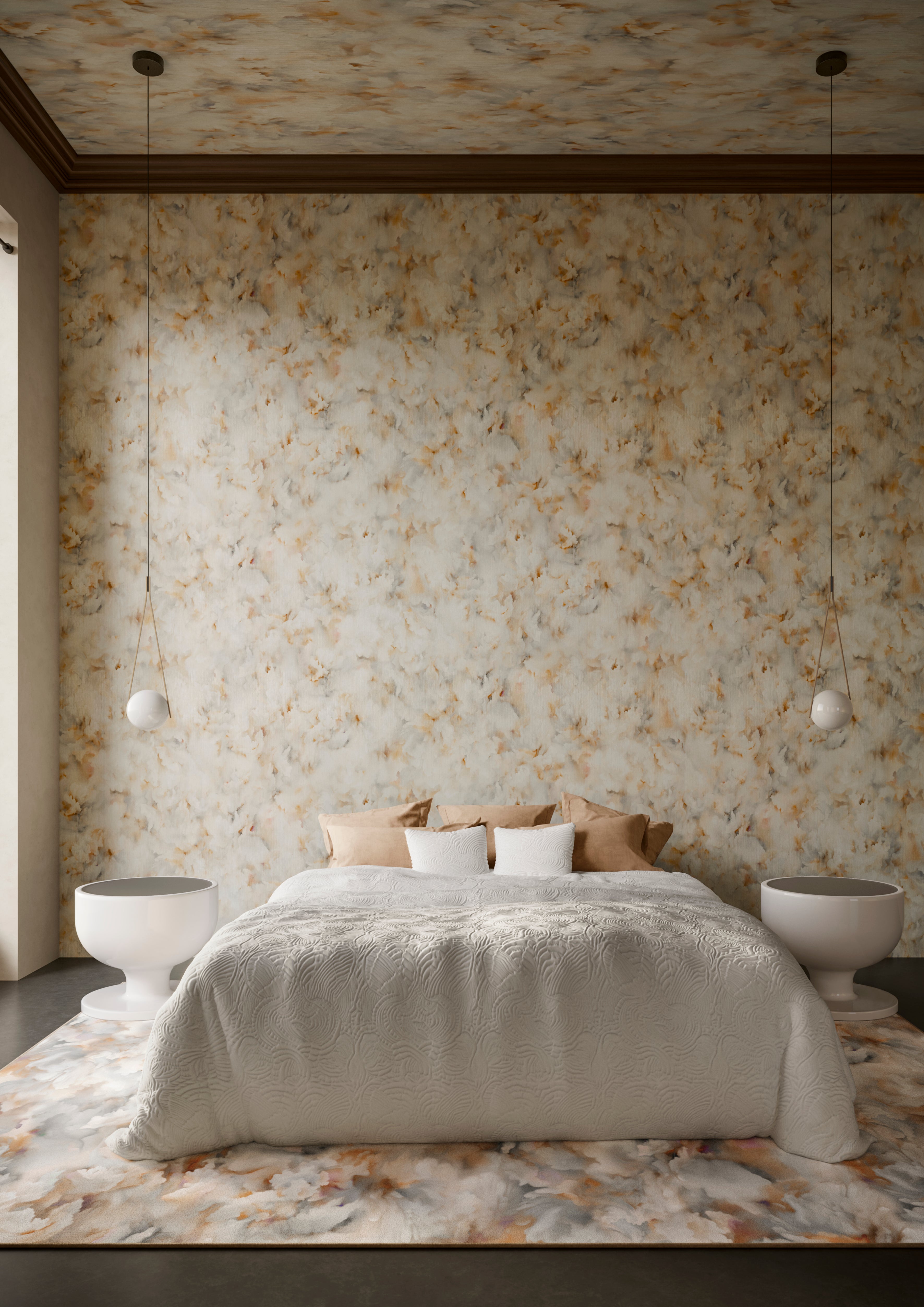 Silk textile wallpaper with abstract pattern SILK BOMBIS orange with beige