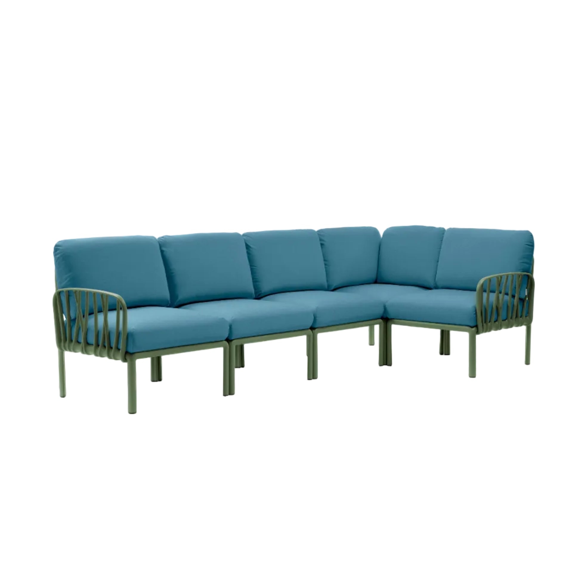 Modularer Außen-Ecksofa KOMODO 5 blau Sunbrella® mit grünem Agave-Fuß