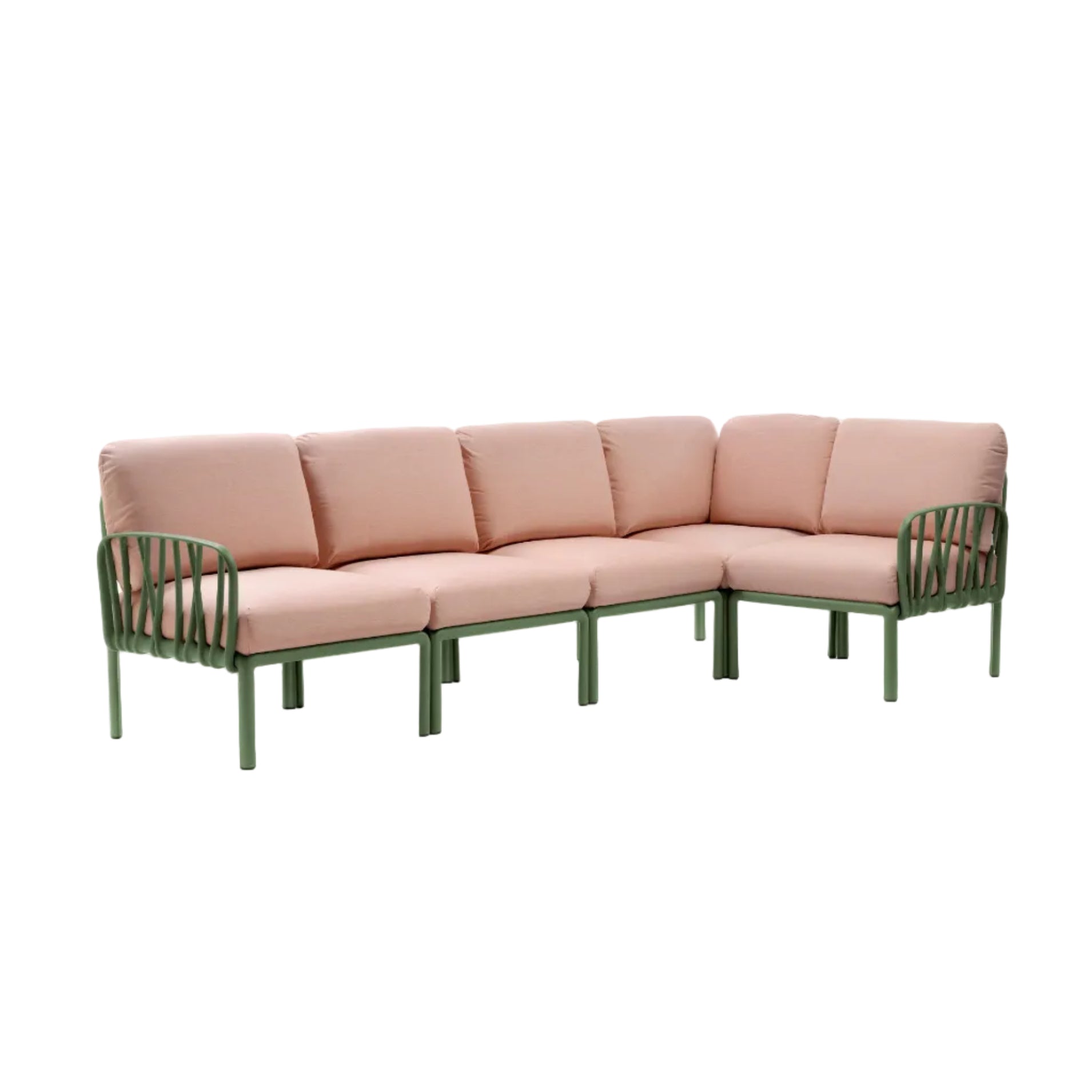 Modulaire buitenhoekbank KOMODO 5 roze met groene agave basis