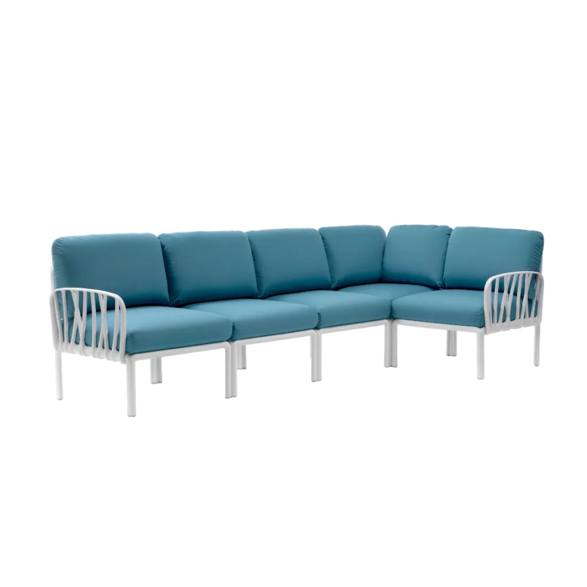 Modularer Außen-Ecksofa KOMODO 5 blau Sunbrella® mit weißem Gestell