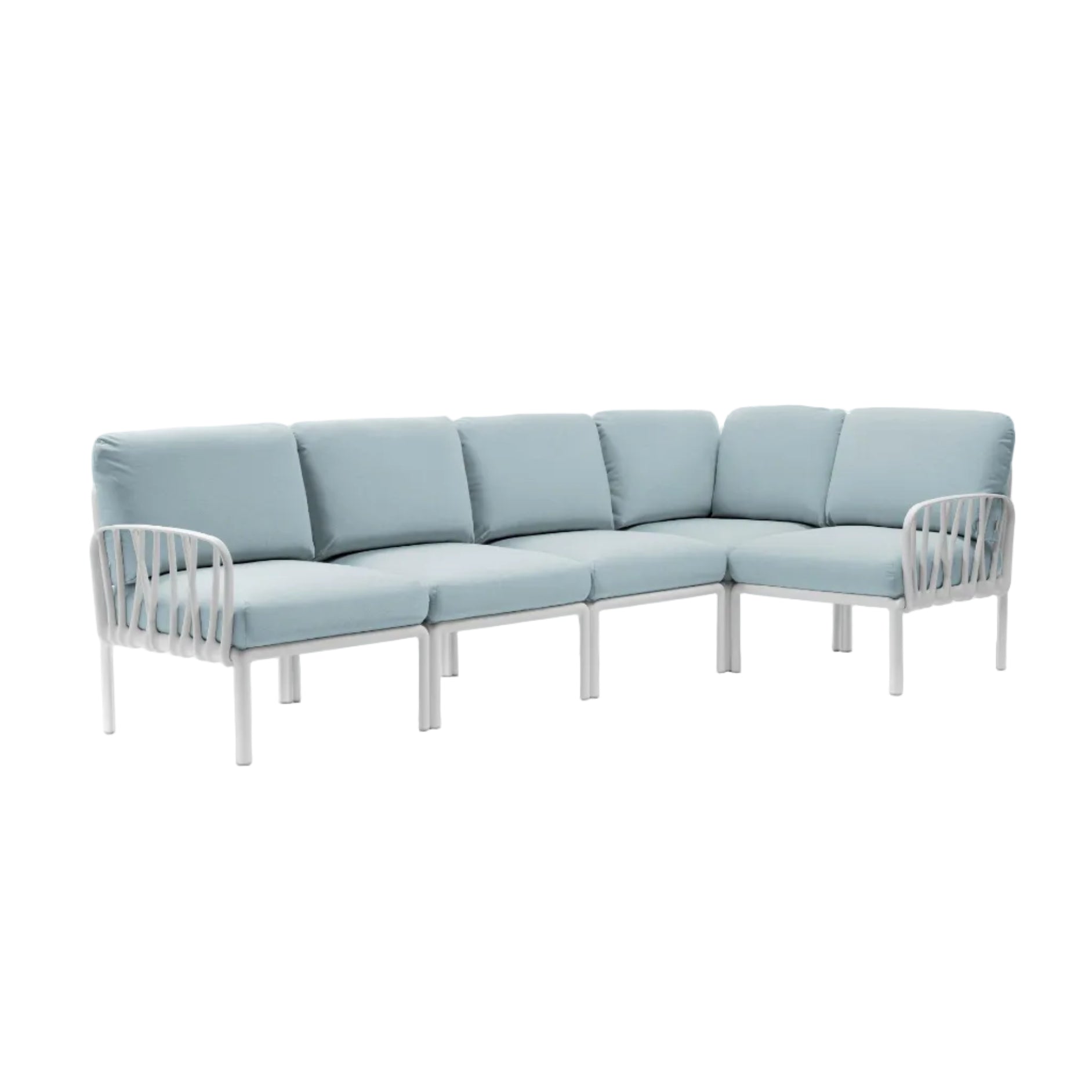 Modulaire buitenhoekbank KOMODO 5 lichtblauw Sunbrella® met witte basis