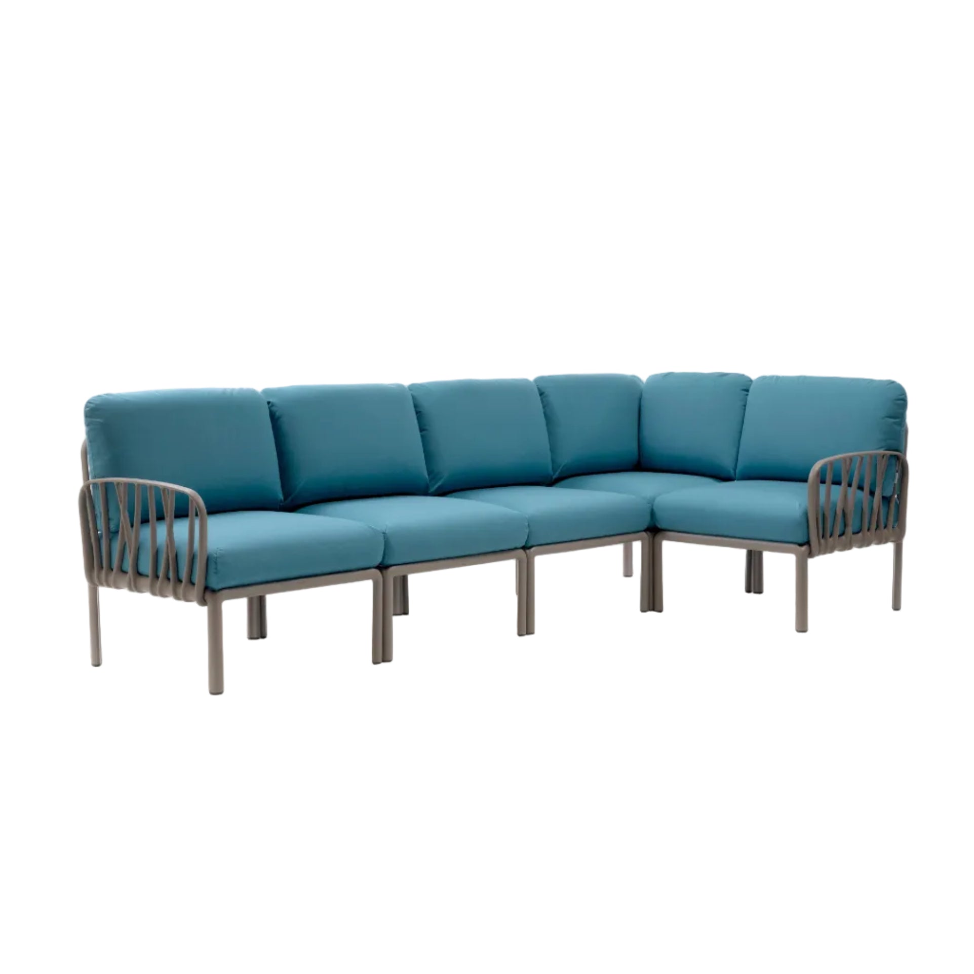 Modularer Außen-Ecksofa KOMODO 5 blau Sunbrella® mit taupefarbener Basis