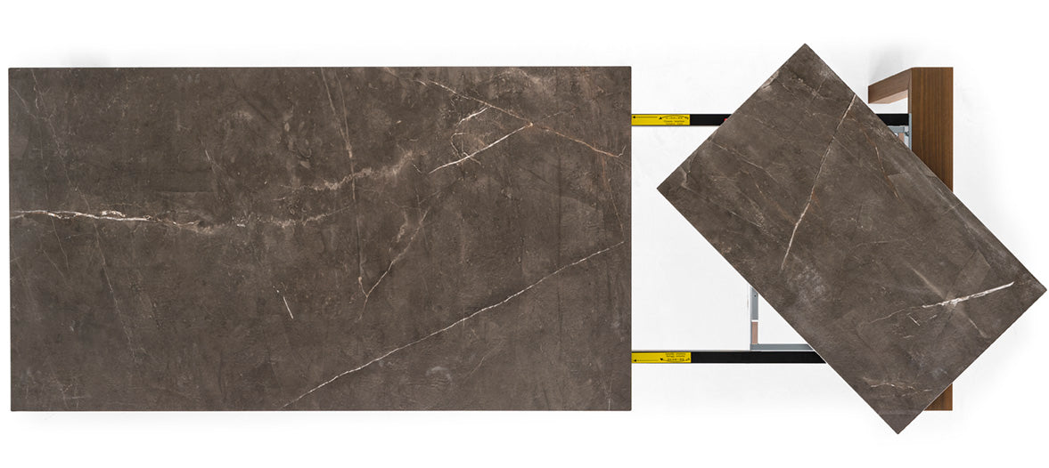 Extendable table OMNIA with a gray top and dark wooden base