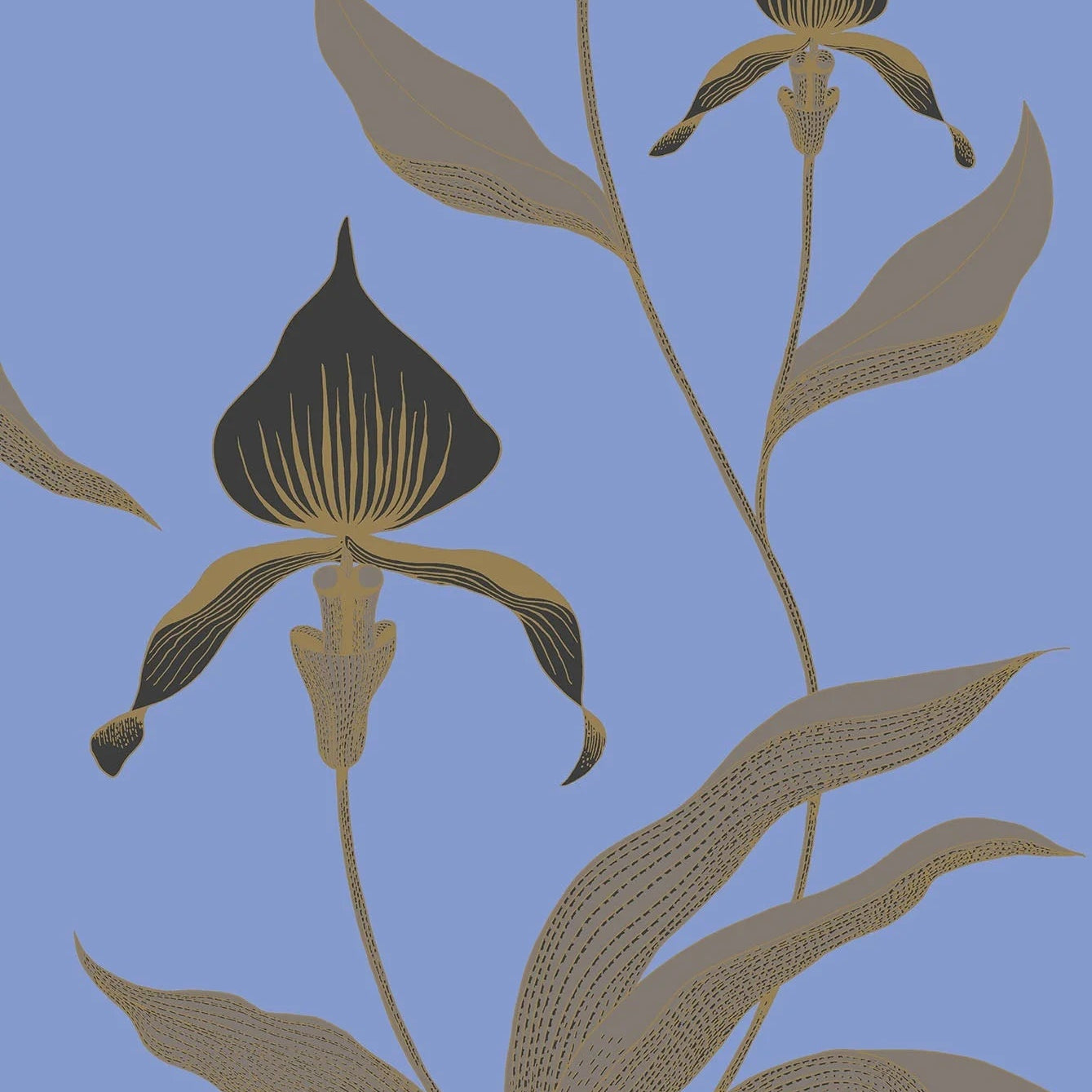 Behang met een plantmotief van orchideeën CONTEMPORARY COLLECTION - ORCHID blauw met goud
