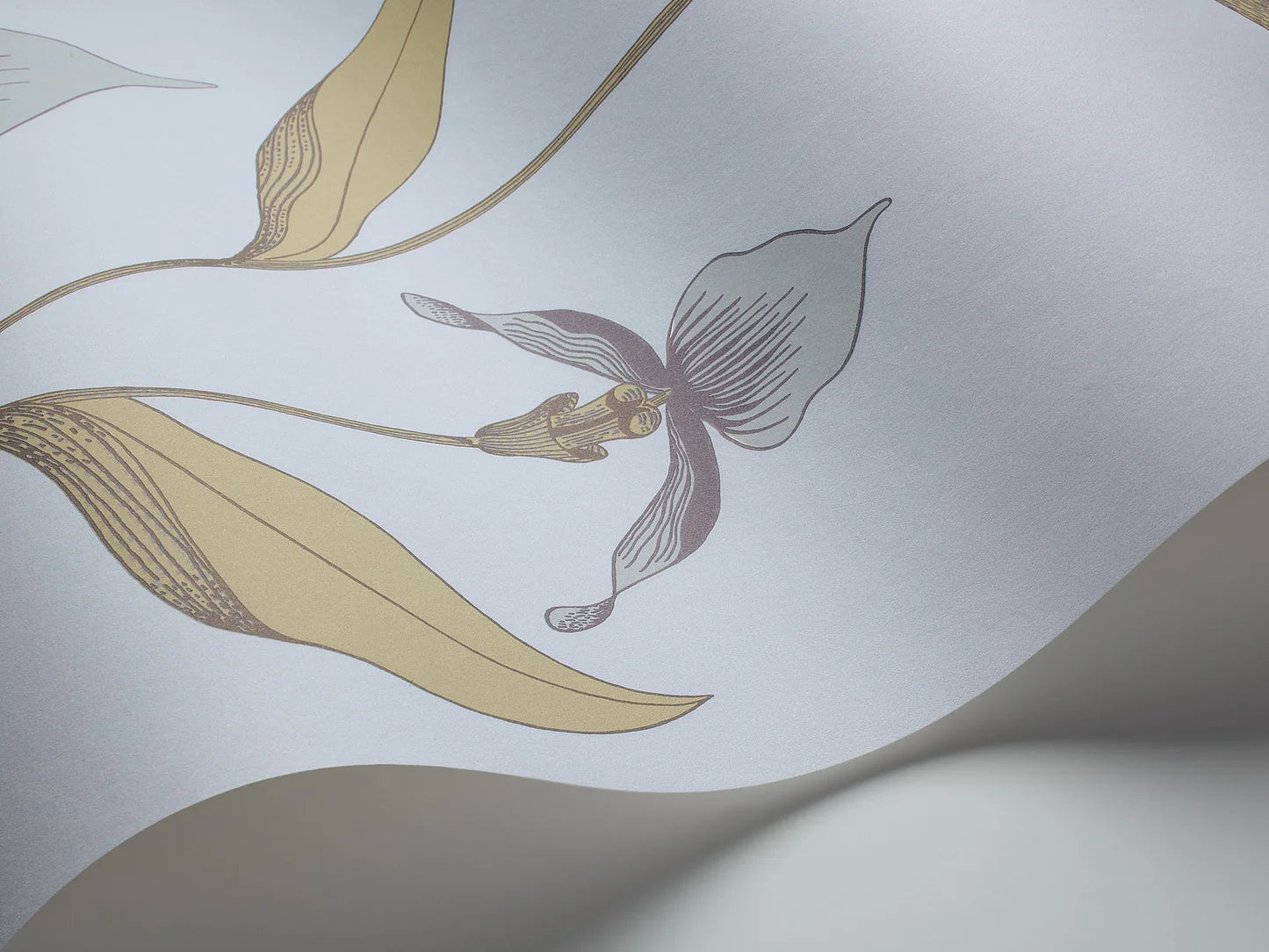 Wallpaper with a plant motif of orchid flowers CONTEMPORARY COLLECTION - ORCHID powder blue with olive