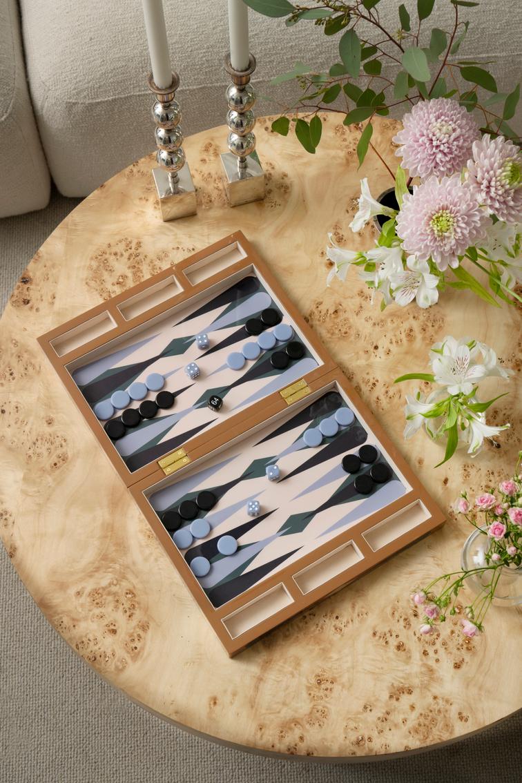 Gelakte backgammon set bruin met blauw