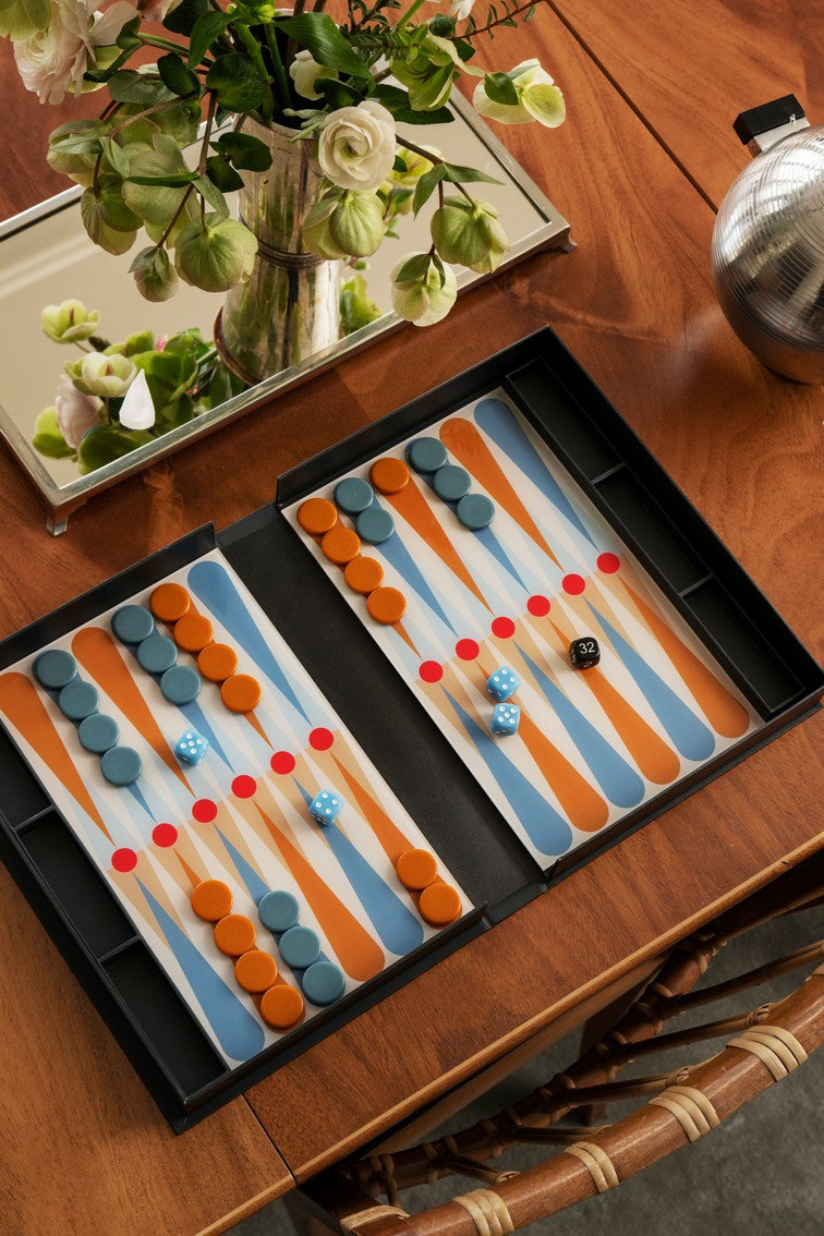 Backgammon set ART OF BACKGAMMON grijs met blauw en oranje