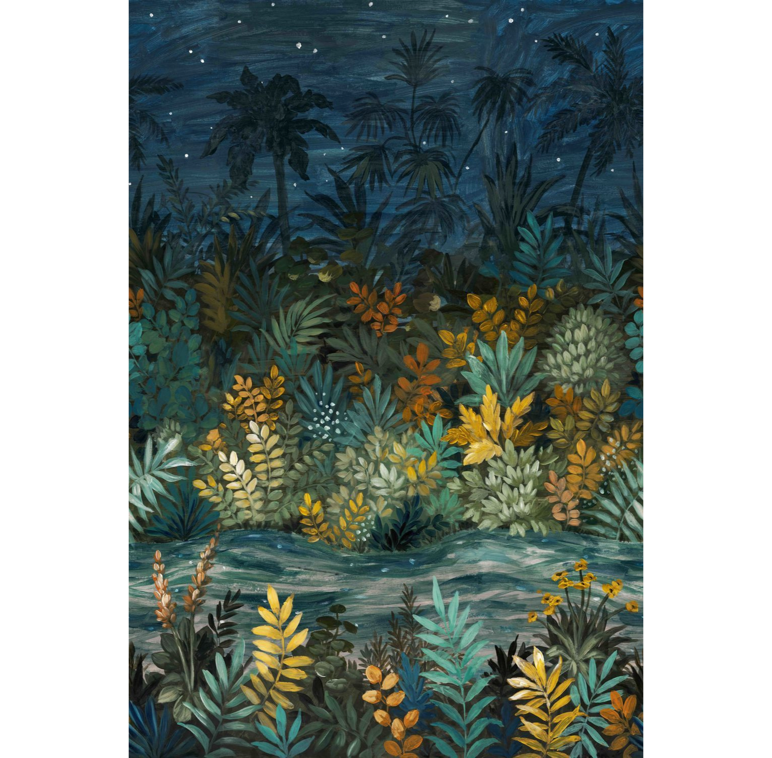 Wandbild mit tropischem Pflanzenmotiv NUIT ÉTOILÉE in Marineblau mit Grün