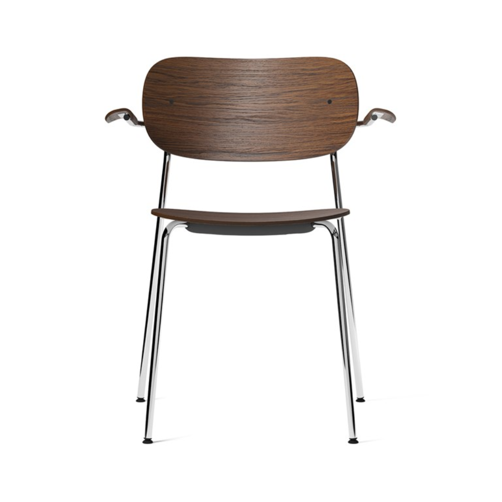 Stoel met armleuningen CO donker eikenfineer met verchroomde basis