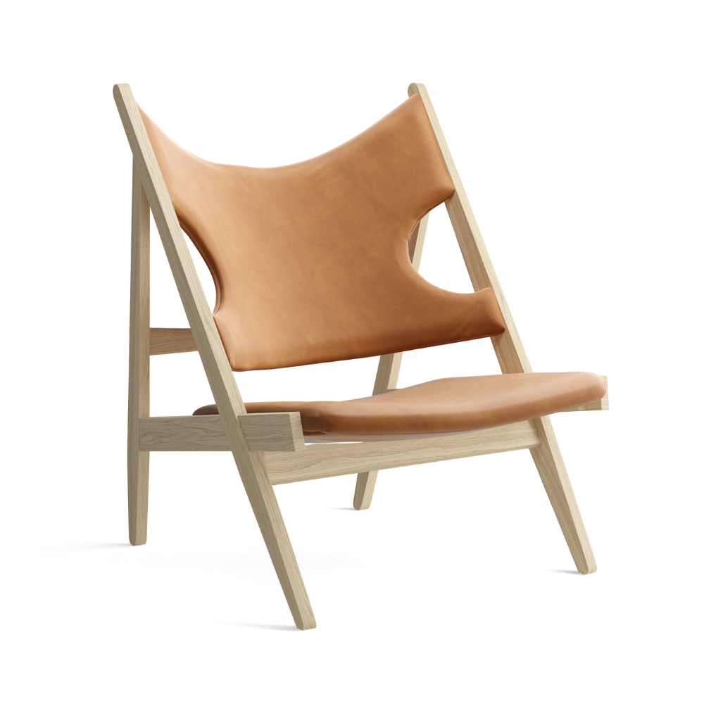 KNITTING armchair in cognac leather with oak base