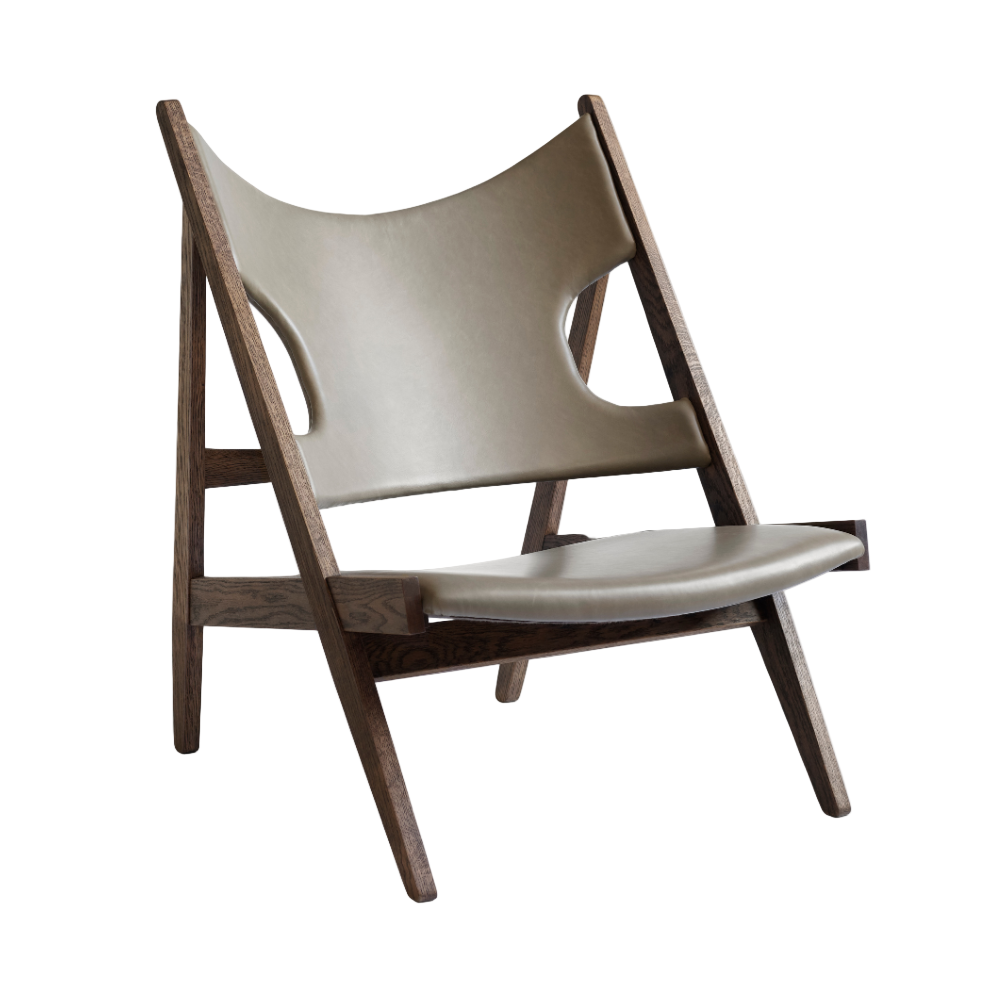 Fauteuil KNITTING grijs leer met een donkere eiken basis
