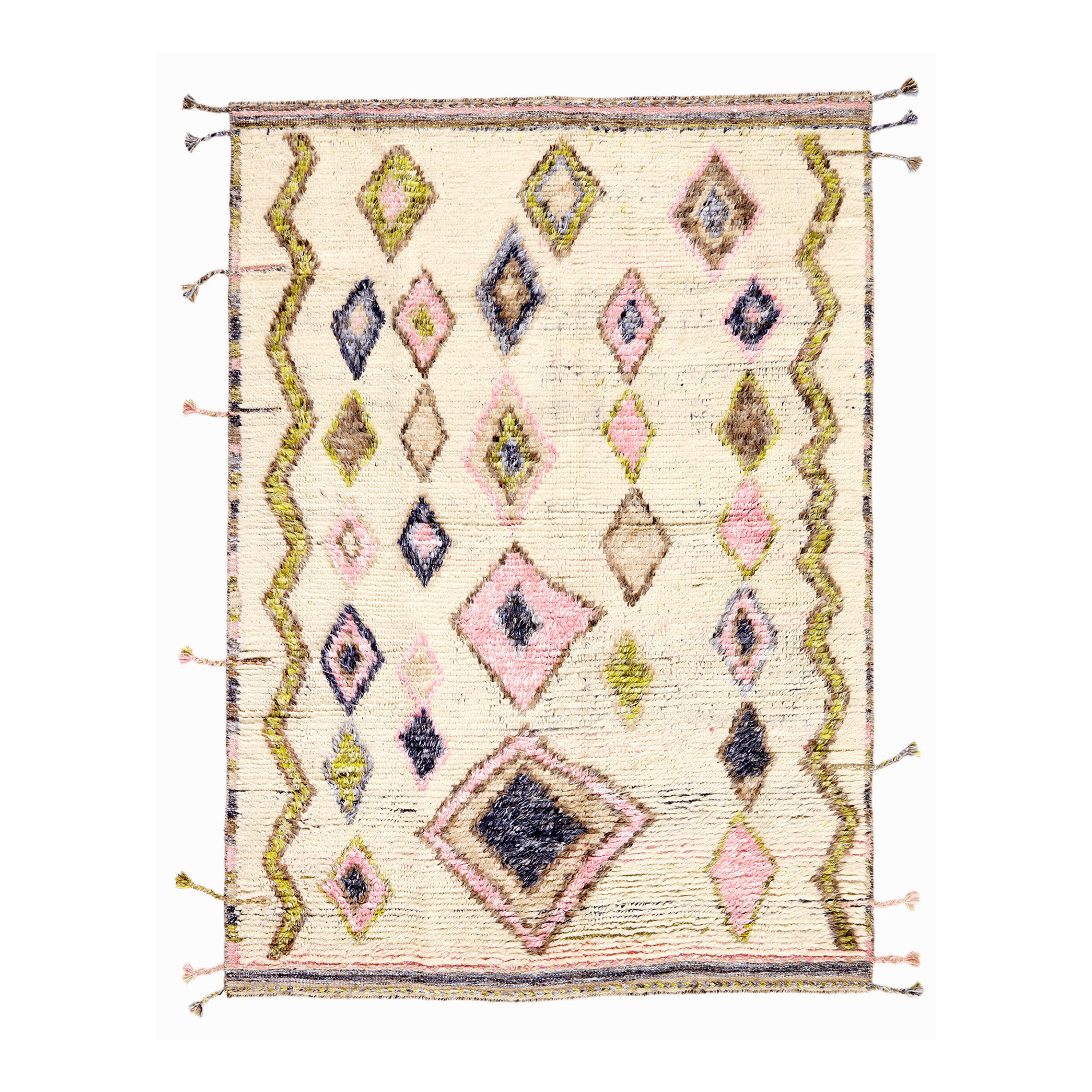 TRIBE carpet in light beige with green and pink