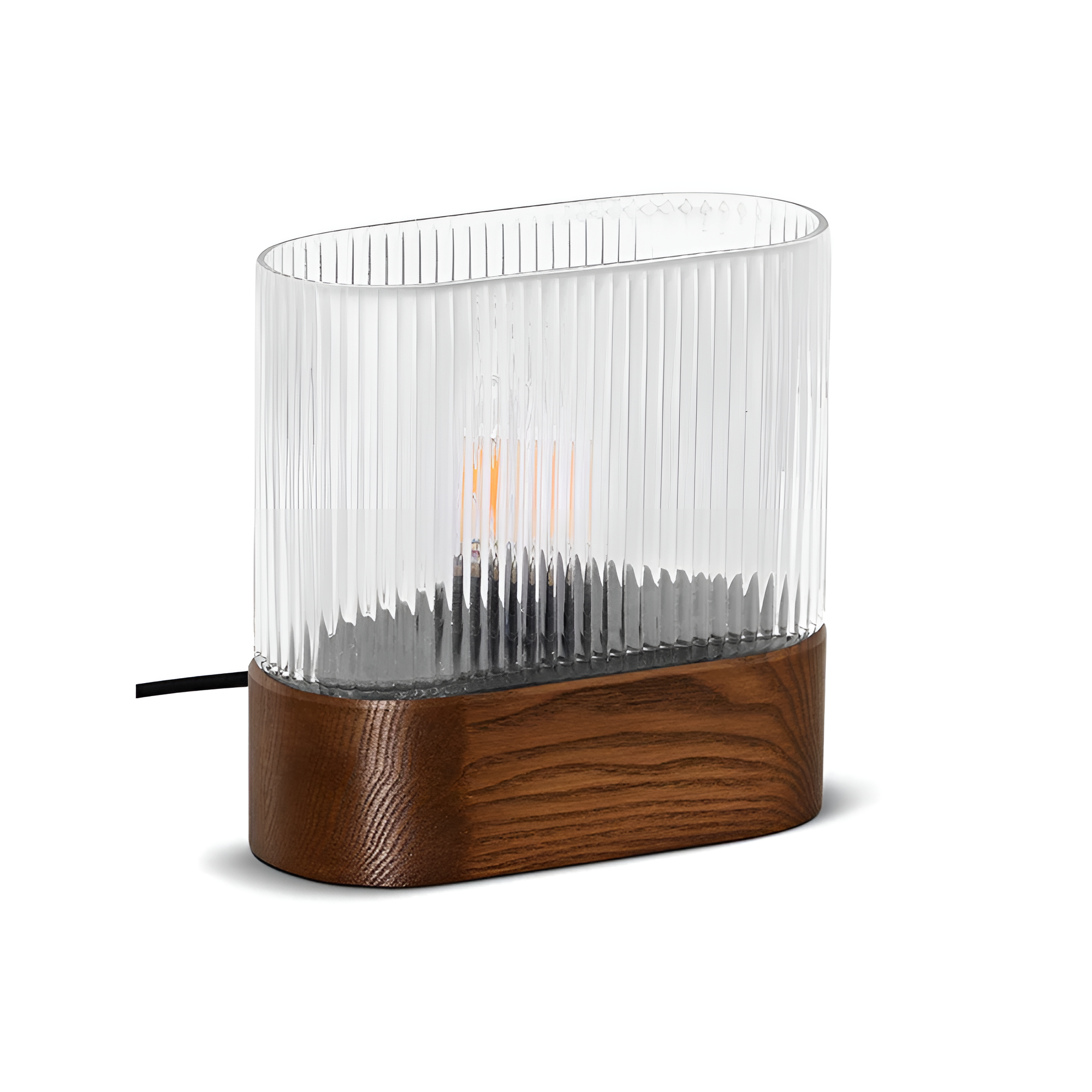 Tafellamp FLUMINA met geribbeld glas en essenhout