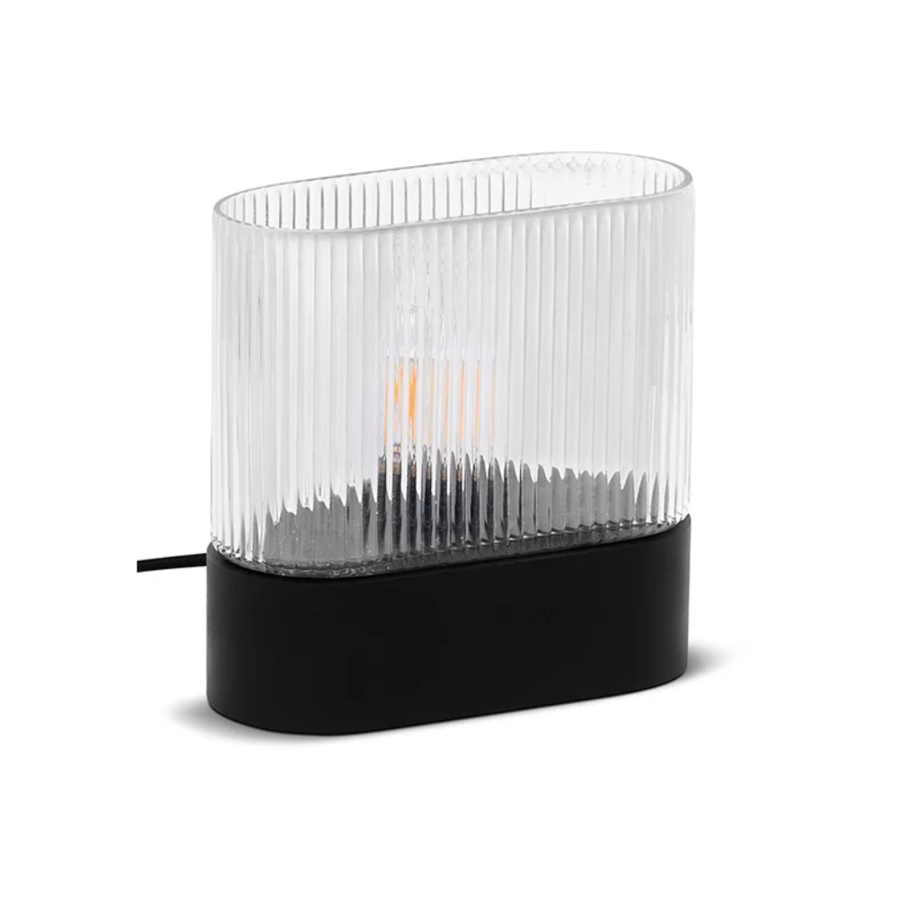FLUMINA Tischleuchte, geriffeltes Glas und schwarzes Eschenholz