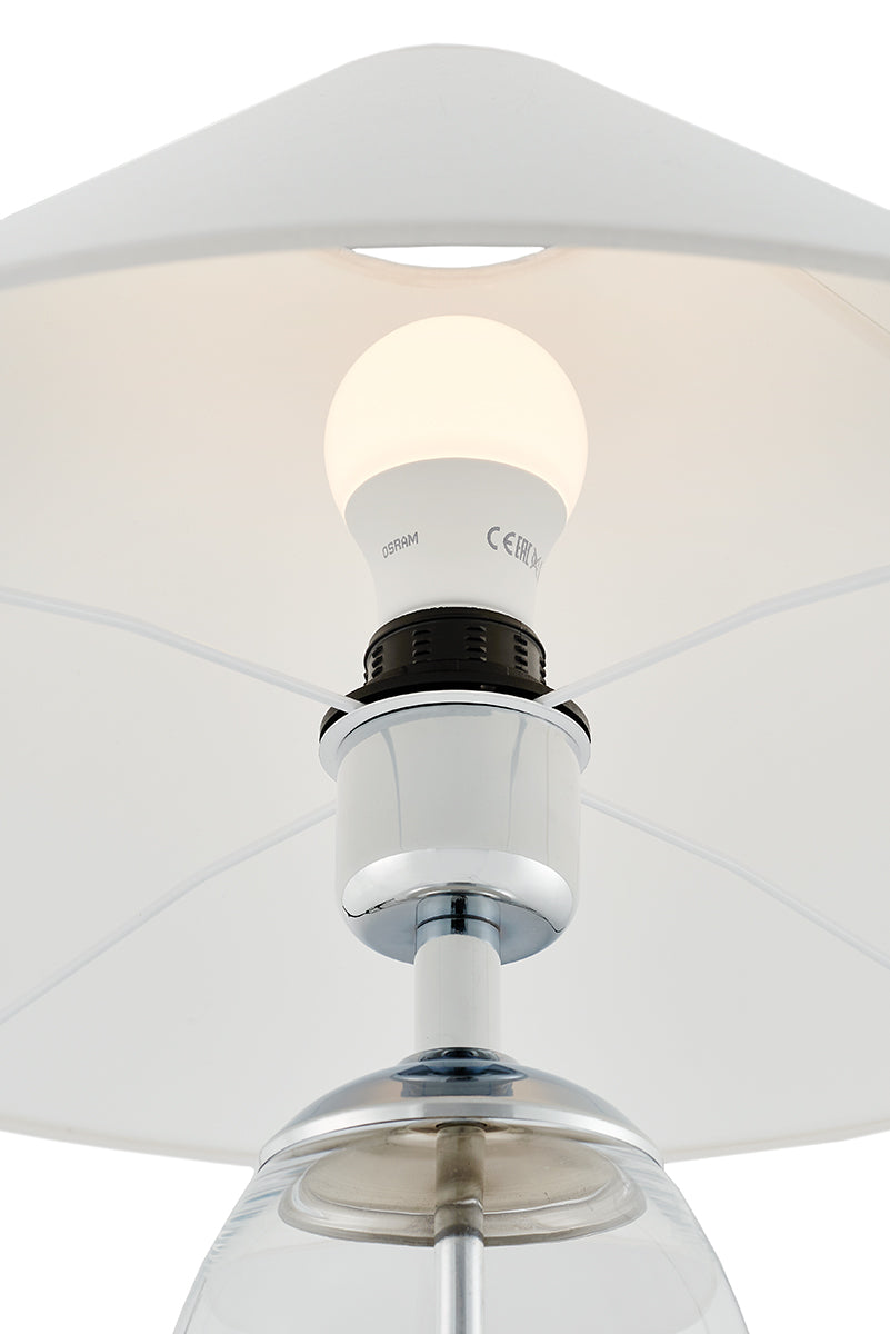 Tafellamp REA wit met transparante voet en zilveren afwerking