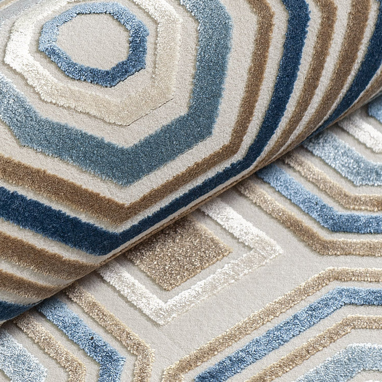TAPIJT ROYAL beige met blauw geometrisch patroon