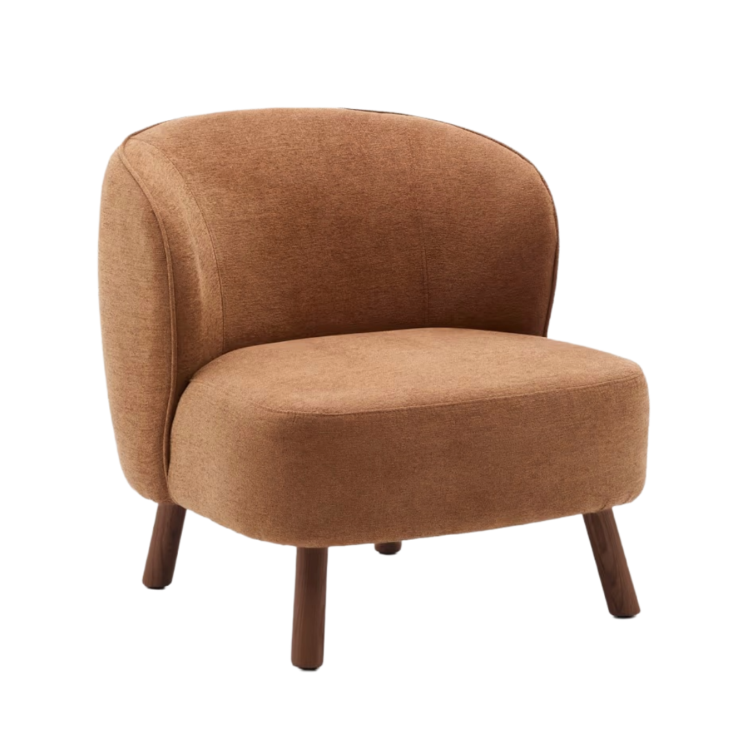 Fauteuil ULIT in baksteenrood chenille met een donkere essen basis